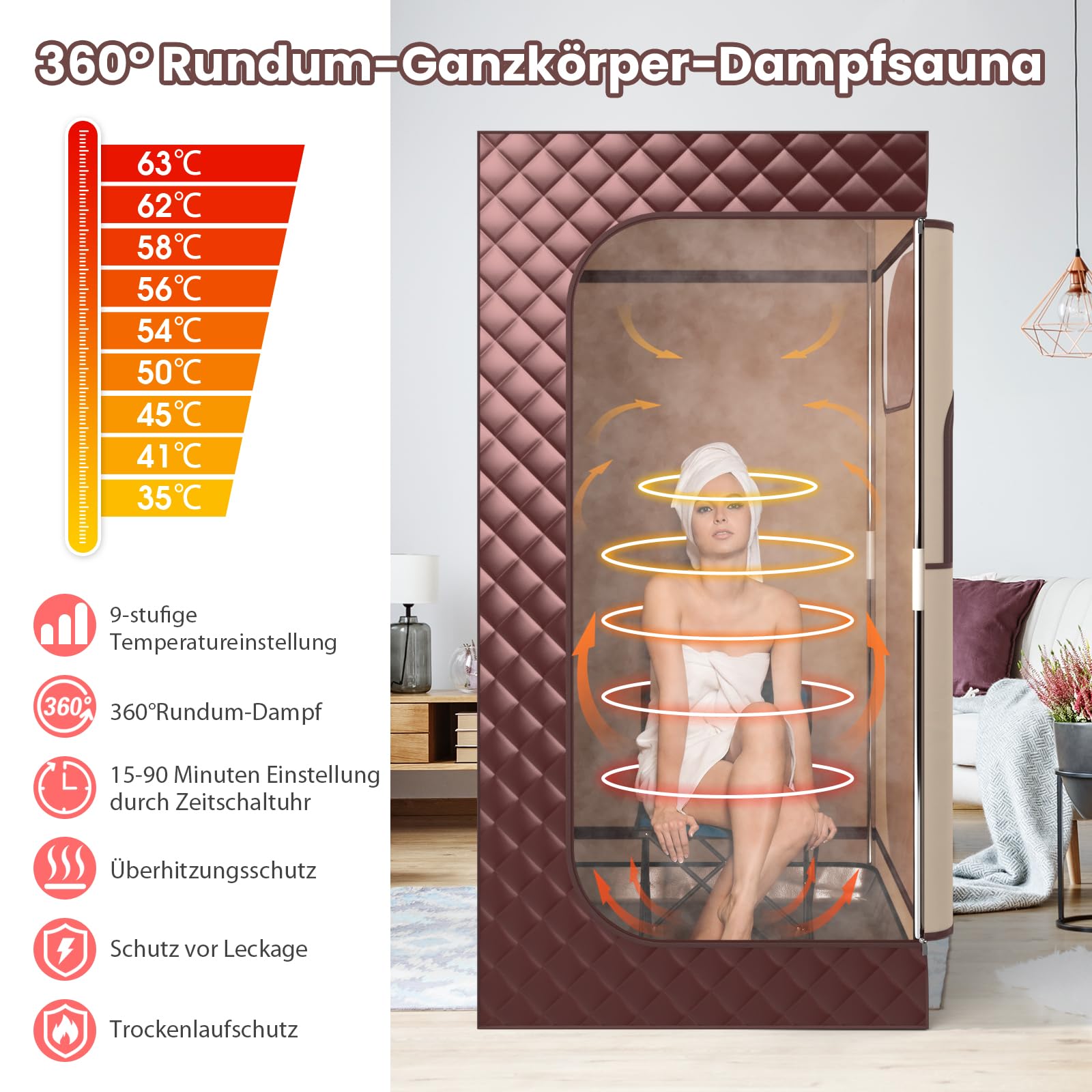RELAX4LIFE Mobile Dampfsauna 3L, Heimsauna mit Fernbedienung&Saunastuhl, Sitzsauna mit 9 Temperaturstufen, Timer&Vernebelungsfunktion, Mini Sauna 1000W Verdampfer, Saunakabine 91x91x183cm (Kaffee)