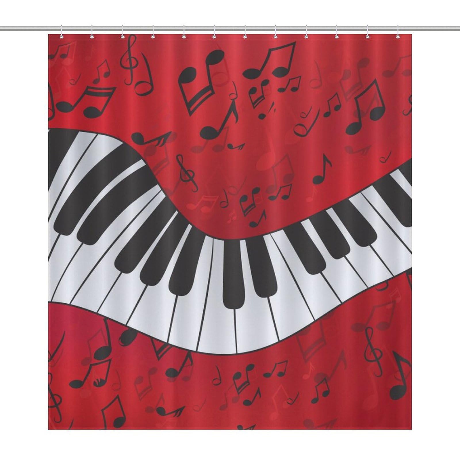 Rideau de douche lavable en machine motif piano avec 12 crochets