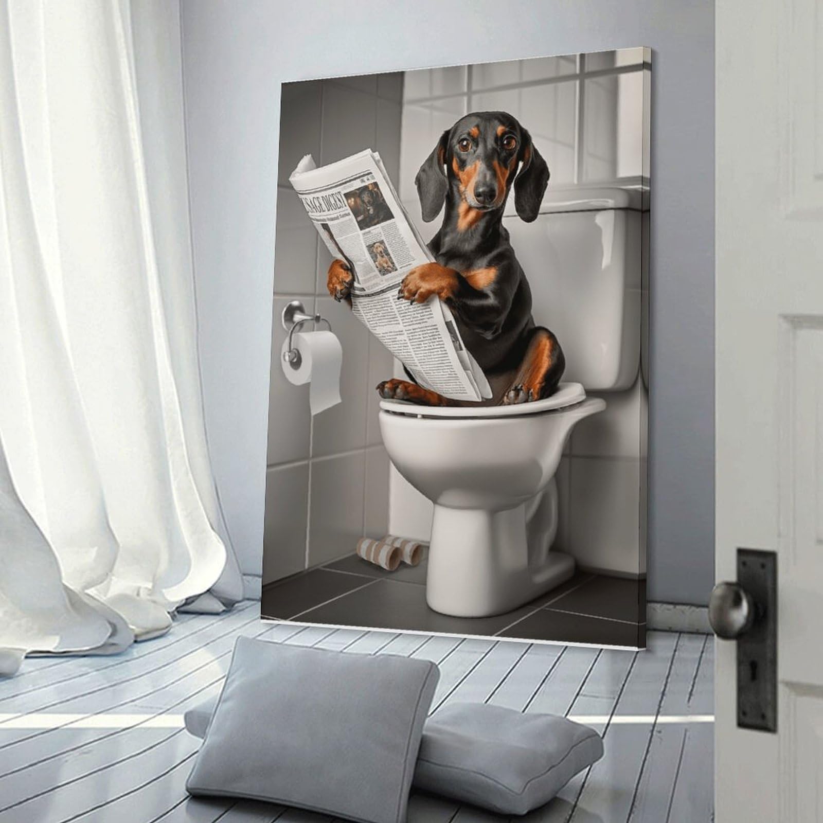 Junmoney Frame-Style-13 Canvas Art Print Dog Reading Newspaper On Toilet, 24X36inch(60X90cm), For Contemporary Homes, Apartments Or Offices, Decorative Canvas Decor For Home Updates