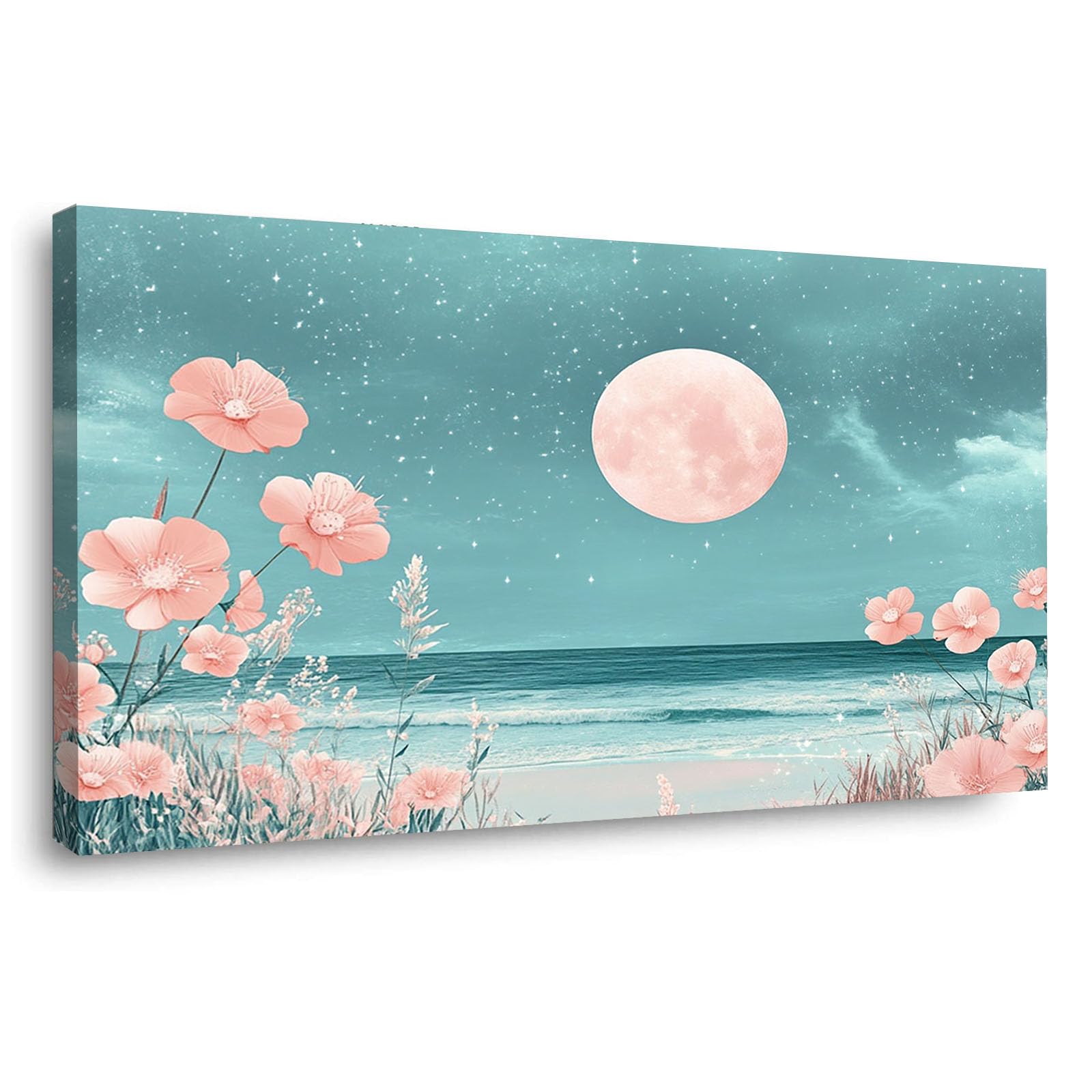 WIKEO Beach Canvas Wall Art Beach Scenery At Night Coastal Tropical Artwork Prints Pictures,for Bathroom Bedroom Living Room Home Office Wall Decor(Pink 8)-40x80cm Framed