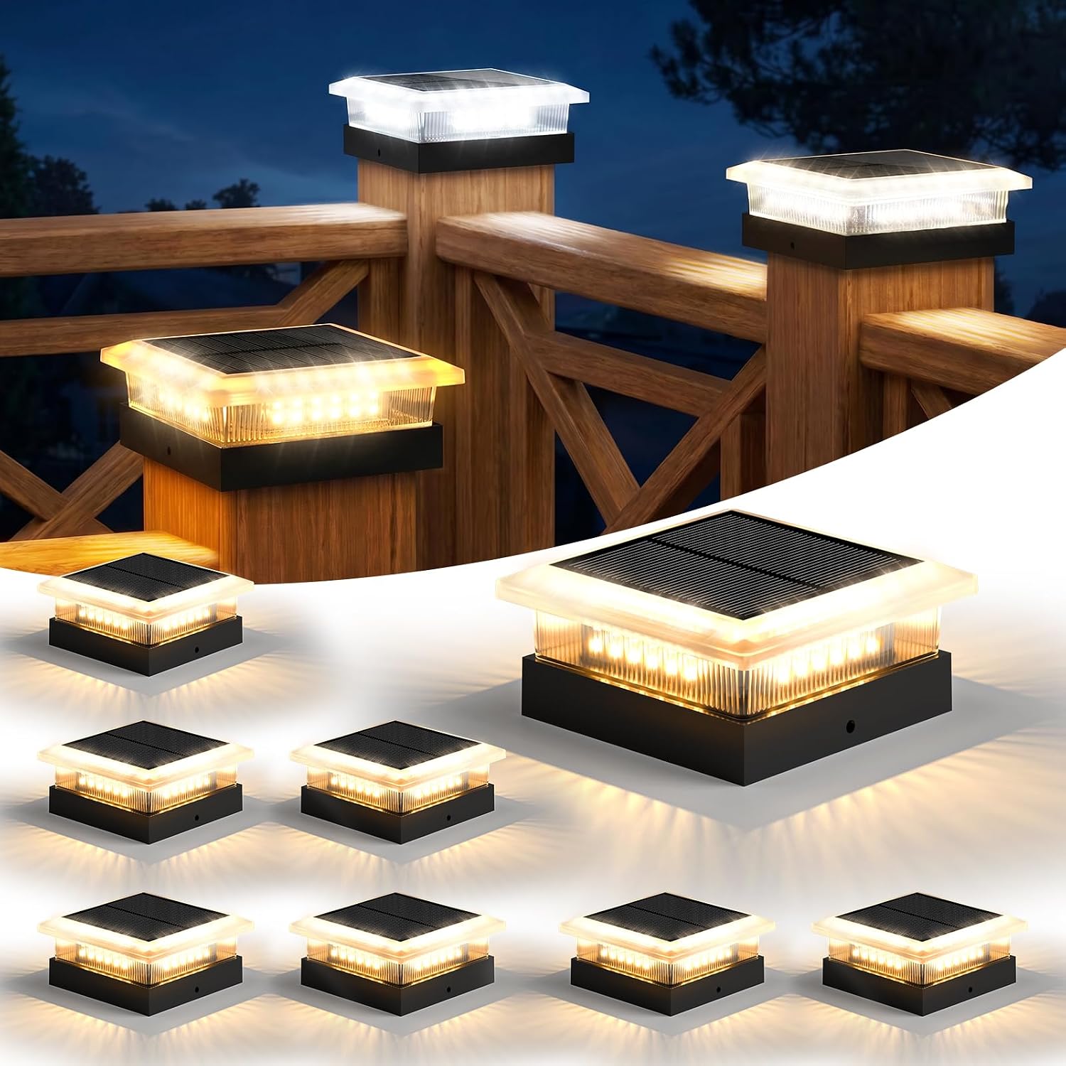 4x4 Solar Post Cap Lights 8 Pack, 96 LED/4 Lighting Fence Post Solar Lights