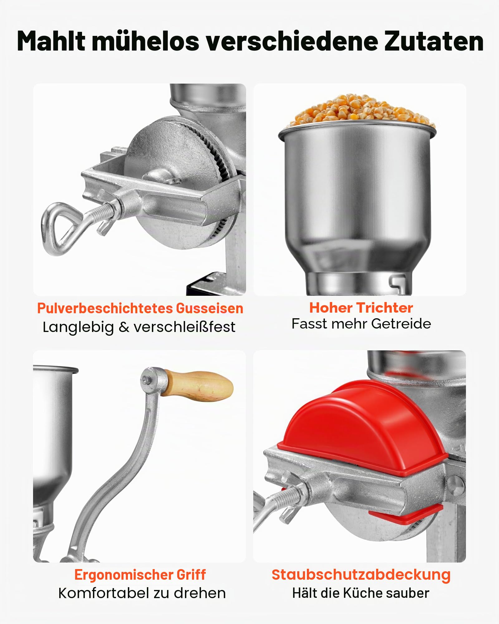 VEVOR Getreidemühle Manuell aus Gusseisen, Handkurbel Kornmühle mit Hohem Trichter & Tischklemme, Malzmühle Kaffeemühle Gewürzmühle für Kaffeebohnen Gewürze Weizen Mais Nüsse, inkl. Staubschutzhaube