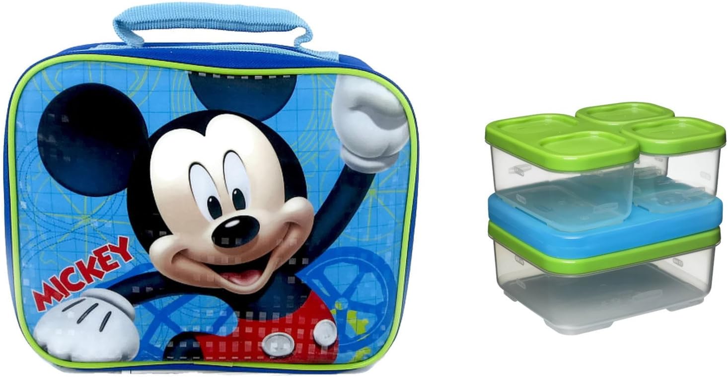 Mickey Mouse Blue Insulated Rectangular Lunch Kit, with Top Handle for Easy Carry and Rubbermaid Lunch Blox Sandwich Kit - This Bundle Includes a Total of 10 Pieces.