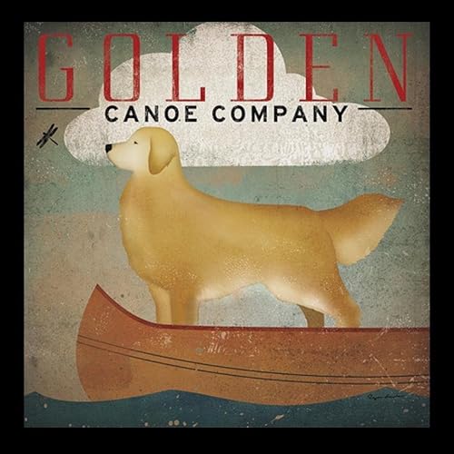 Buyartforless Póster enmarcado con canoa de perro dorado (Laboratorio amarillo) por Ryan Fowler de 12 x 12 pulgadas, diseño vintage de Labrador in a