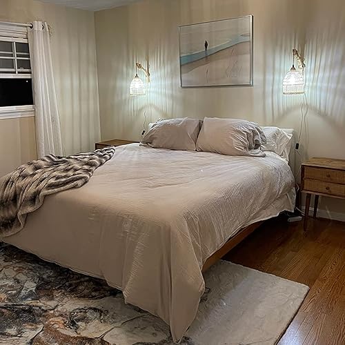 Miniatura 2 de Frideko - Juego de dos apliques de pared de mimbre enchufables, lámpara de pared de ratán con cable enchufable, accesorios de pared de granja con