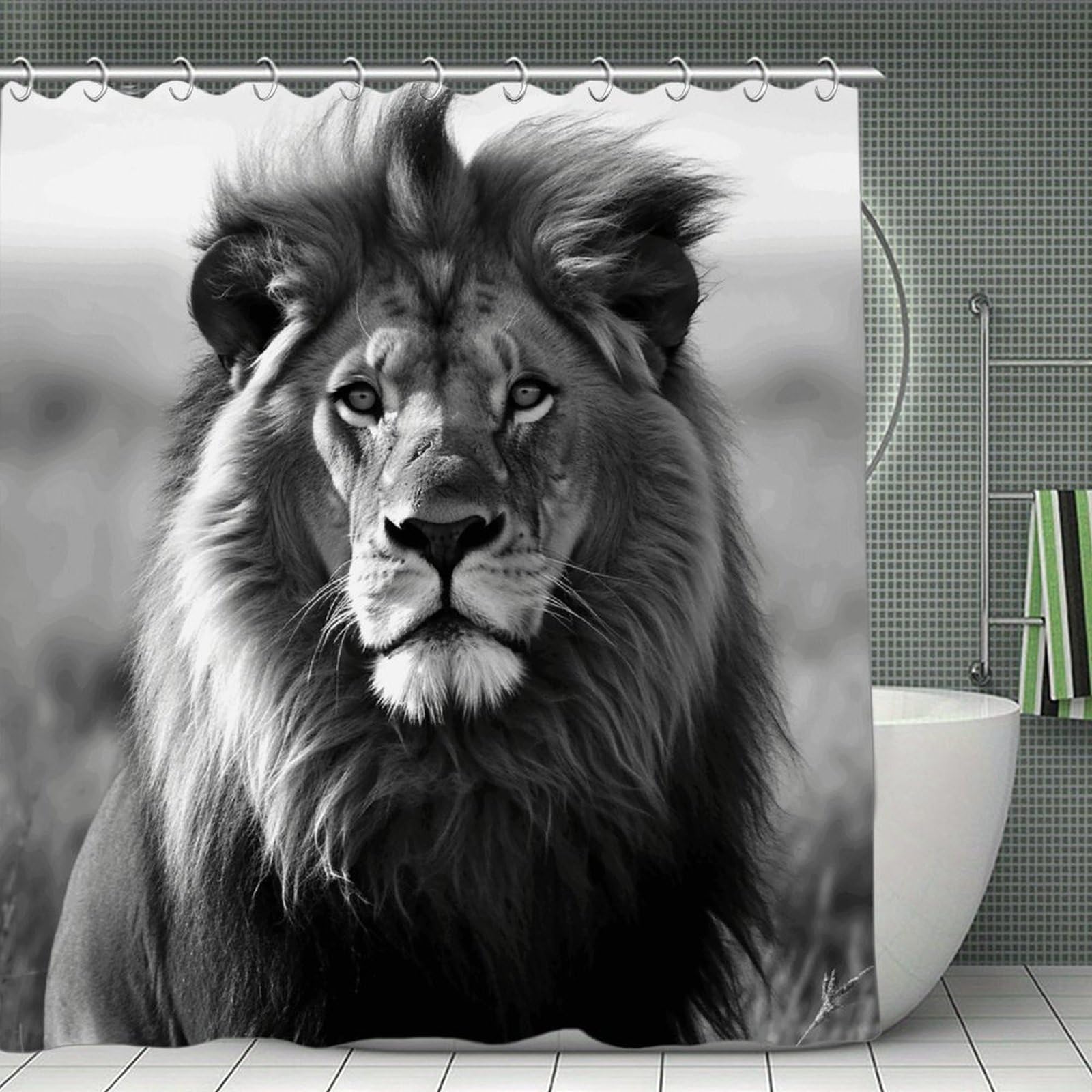 FekiLoot African Lion Black and White Shower Curtain Minimalist Aesthetic Bath Curtain with Hooks Simple Water Resistant Bathroom Shower Curtains Cute Blackout Privacy Curtains Cloth Curtain