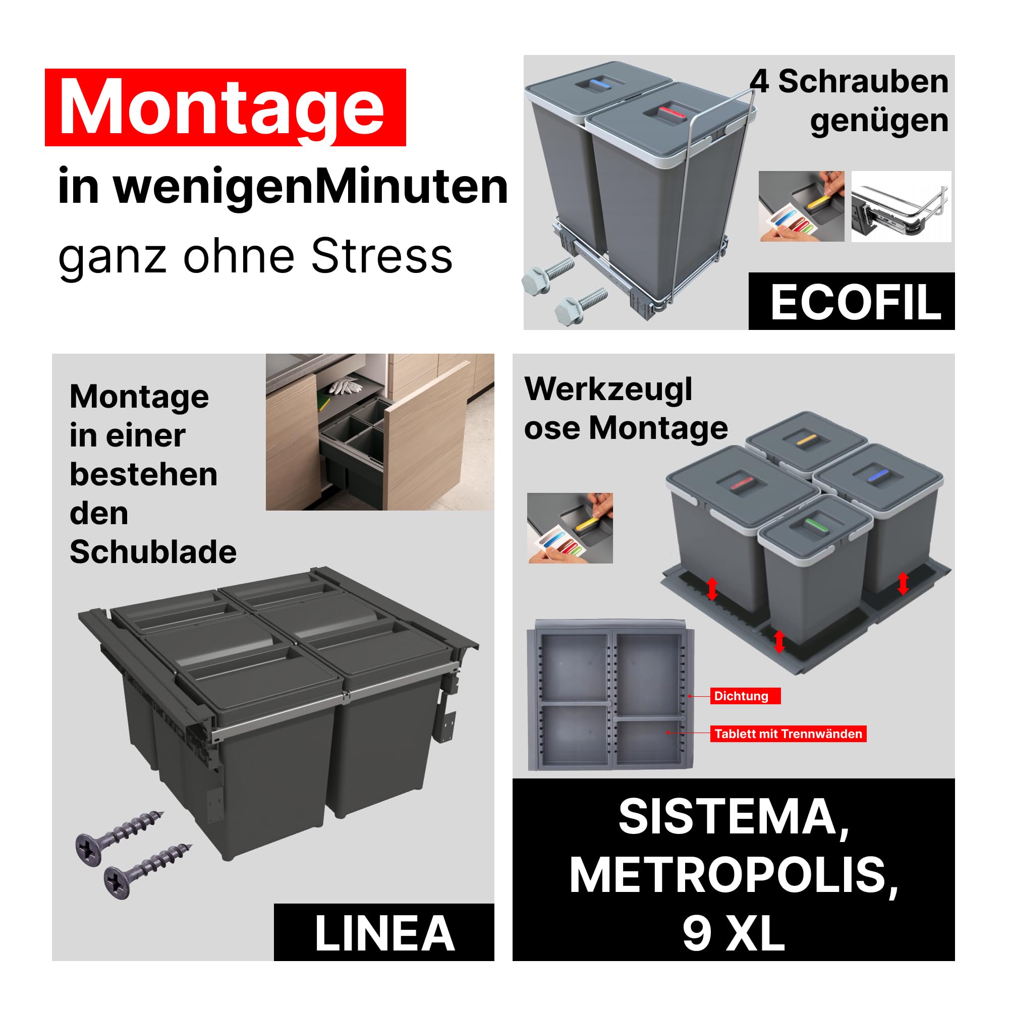 Mülltrennsystem LINEA 560 für 45 cm Spülenunterschrank - Mülleimer Küche Unterschrank (2x 17L), Abfalleimer Küche, Mülleimer 2 Fächer, Einbaumülleimer, Doppelmülleimer, Anthrazit
