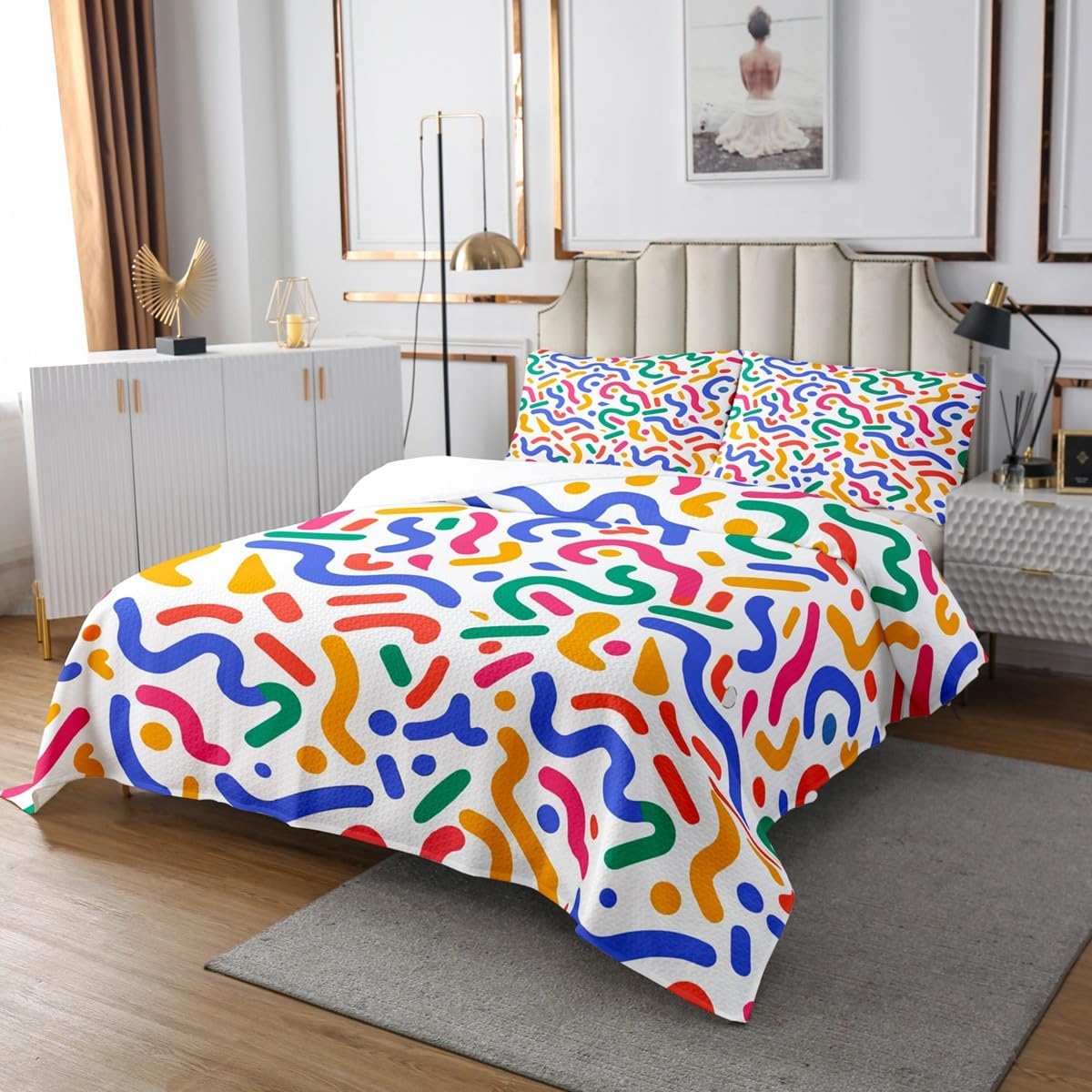 Rainbow Lines Striped Quilt Set Stripes Line Art Bedspread Set,80s 90s Memphis Coverlet Set Geometric Abstract Colorful Dots Funky Hipster Bed Set King,Geometric Watercolor Pop Art Room Decor