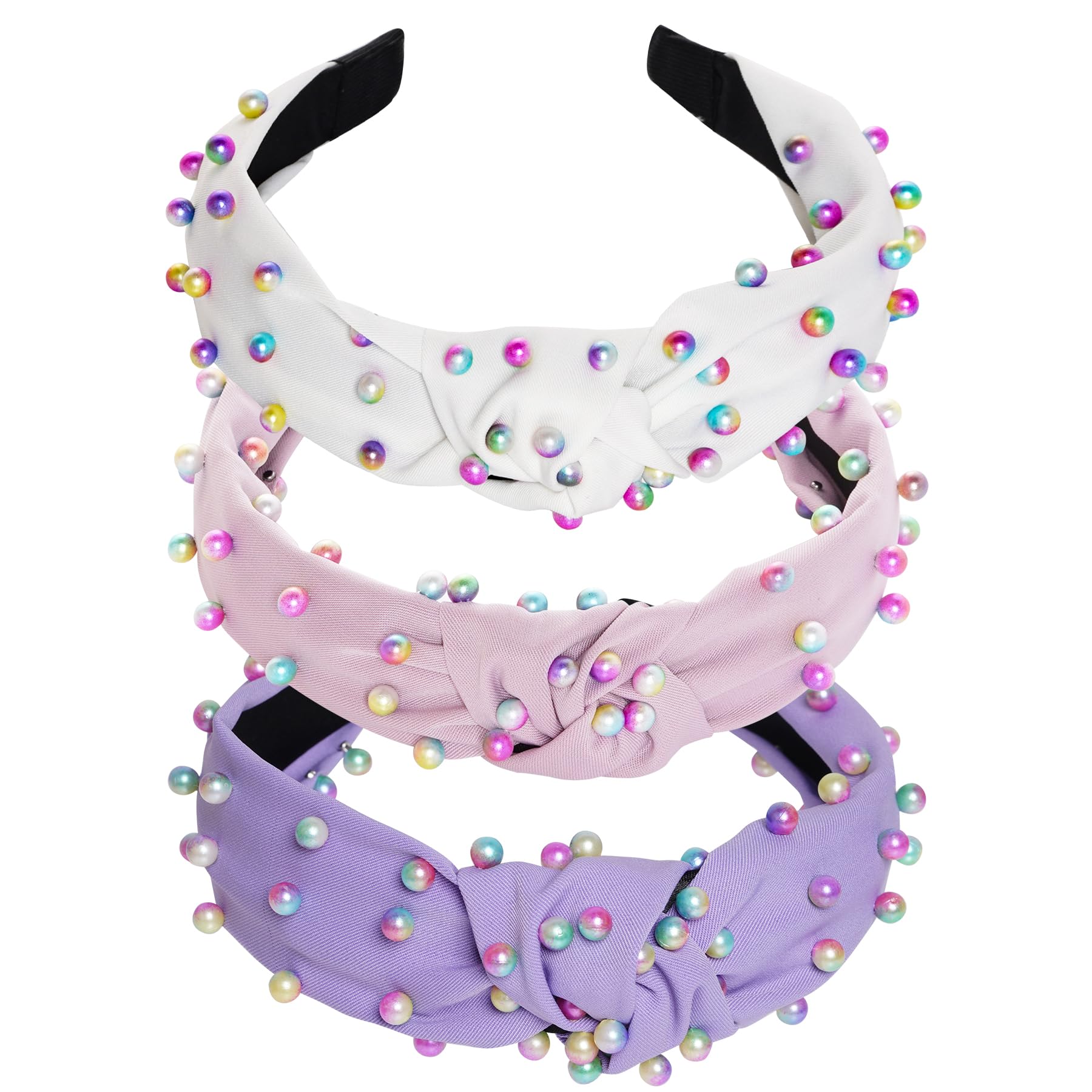 Sucrain 3 Pcs Pearl Knotted Headbands for Women Girls Colorful Jeweled Embellished Gem Faux Pearl Cross Knot Twisted Hairband Turban Headband Hair