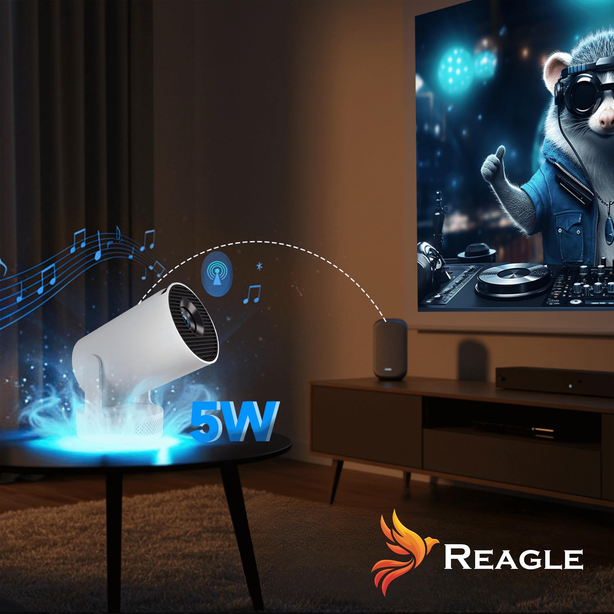 REAGLE R-Movielum-P10 Mini videoproiettore intelligente con Android 14, con supporto girevole a 180°, supporto Full HD e 4K 2GB+16GB 130", 260 ANSI, telecomando Home Theatre ± 40°