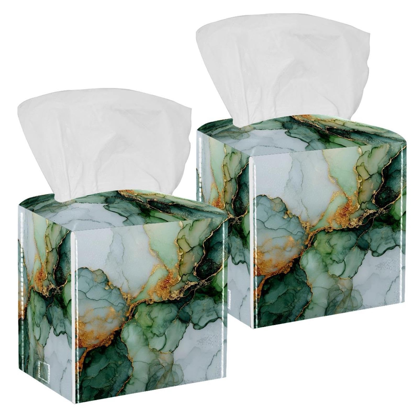Marble Texture Tissue Box Cover, 2 Pack PU Leather Square Facial Tissue Dispenser Box holder for Home Office Car