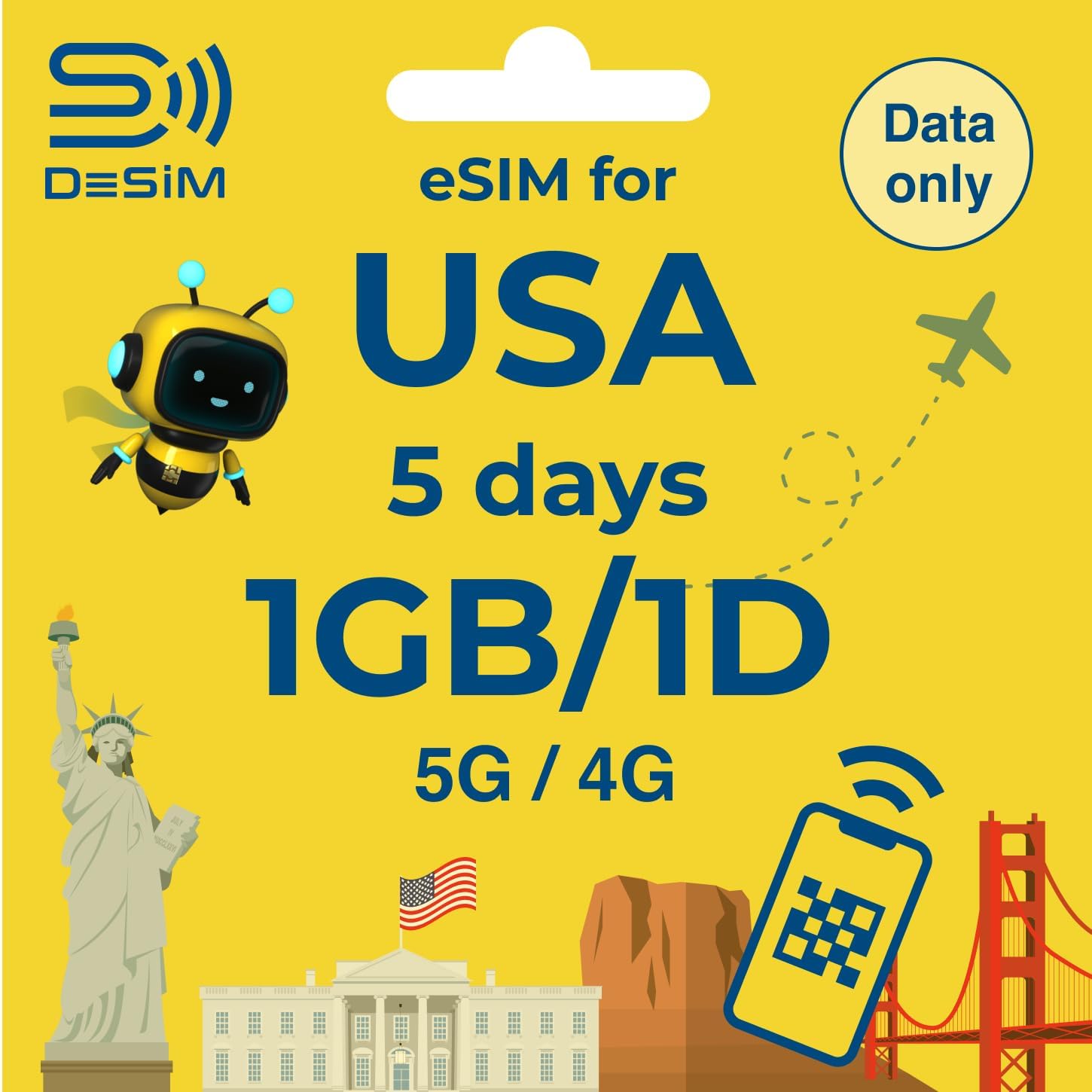 USA eSIM 5 Days 1GB/1Day | DeSiM | Data ONLY | High-Speed 1GB/1Day Data（5Days）, Multi-Network, QR Cord Easy Activation, Tethering, No Voice/SMS, Local Support, Prepaid SIM for Japan Travel eSIM