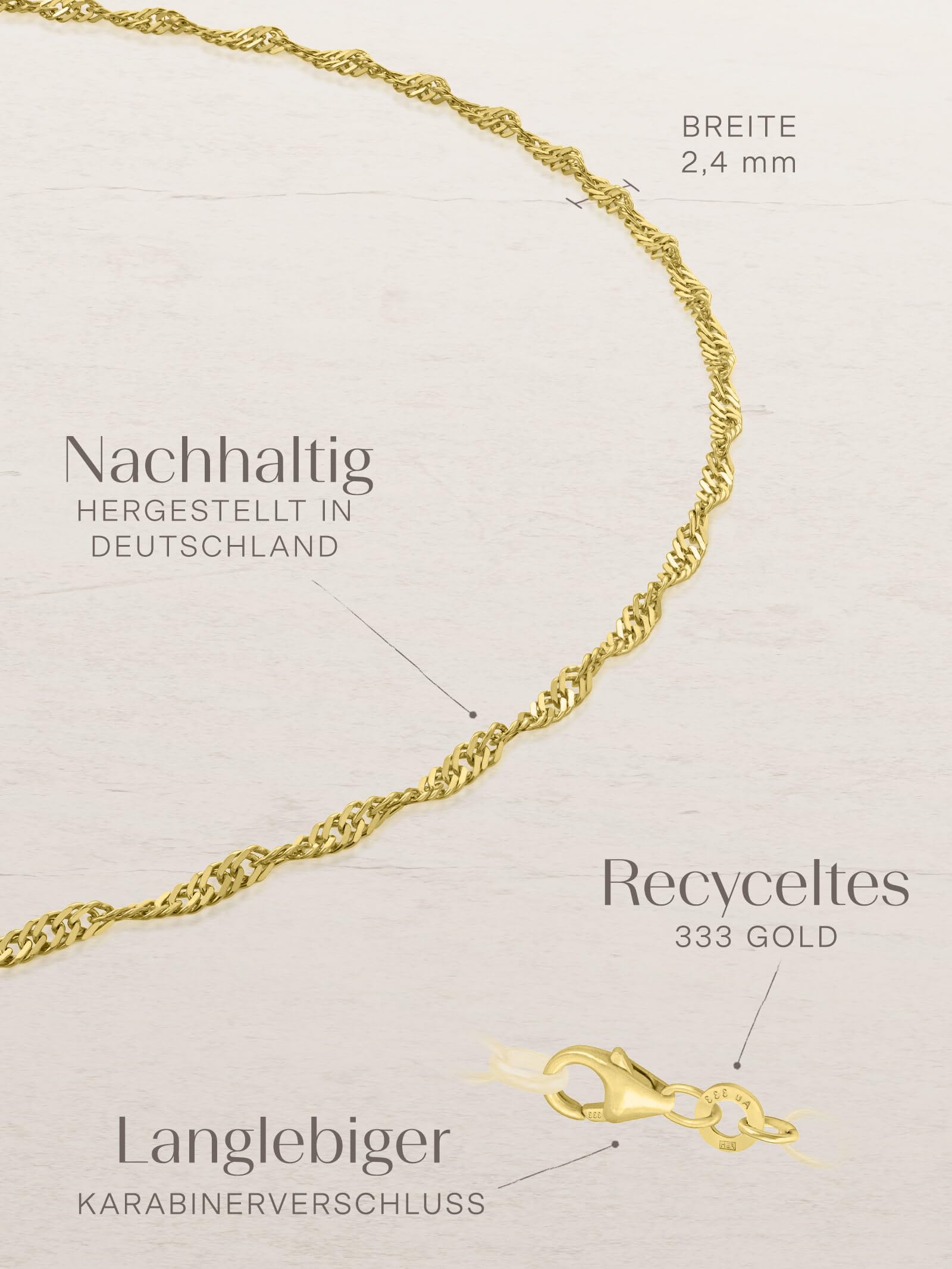 modabilé Damen Fußkette Singapurkette 333er Gold (25cm bis 28cm I 2,4mm Breit) Fußband 333 ohne Anhänger Gelbgold Singapur I Goldenes Fußkettchen für Frauen mit Geschenk-Etui I Made in Germany