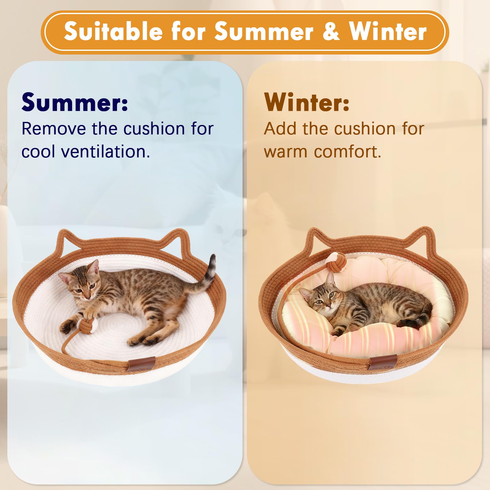 Zocipro Baumwollseil Katzenbett mit Kissen, 46x46x16 cm Groß Katzenbett, Katzenkörbchen Rund Waschbar mit Baumwollseil-Spielball für Alle Katze