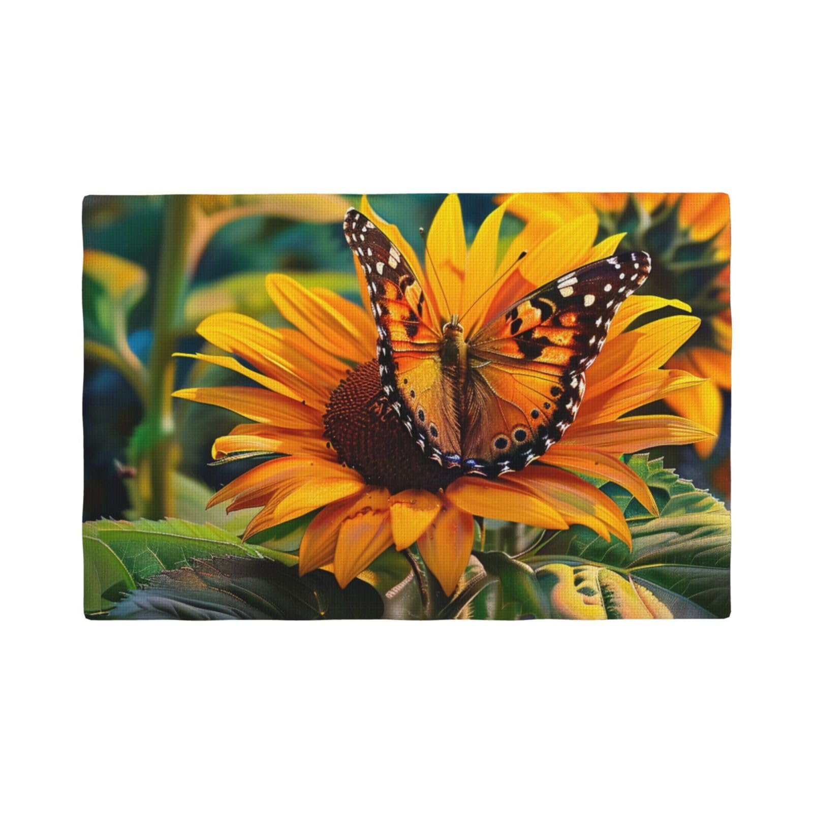 Sunflower Butterfly Print Placemats Set, Heat Resistant Washable Placemat 12x18in Table Mats for Party Kitchen Dining Table Decoration Indoor Outdoor, Six Piece