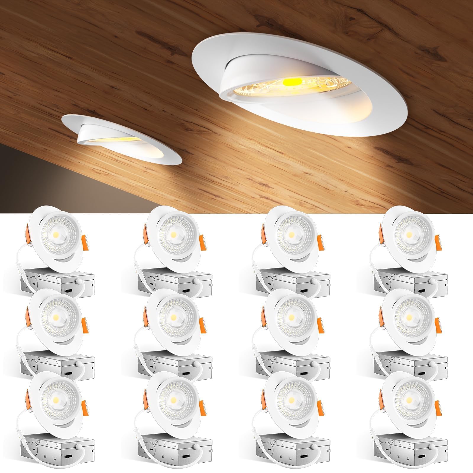 Photo 1 of Amico 12 Pack 4 Inch 5CCT Gimbal LED Recessed Lighting, 360°&90°Adjustable Eyeball Directional Downlight, Dimmable, 2700K/3000K/3500K/4000K/5000K Selectable, 9W 700LM CRI90+, White, ETL&FCC