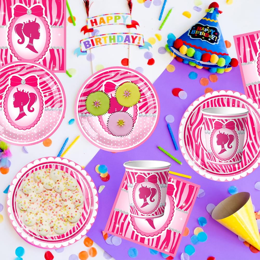 52Pcs Stoviglie per Compleanno Barbiprincipessa, Principessa Party Compleanno, Piatti Tazze Tovaglioli Banner Tovaglie, Kit di Stoviglie per la Festa di Compleanno, 10 Ospiti