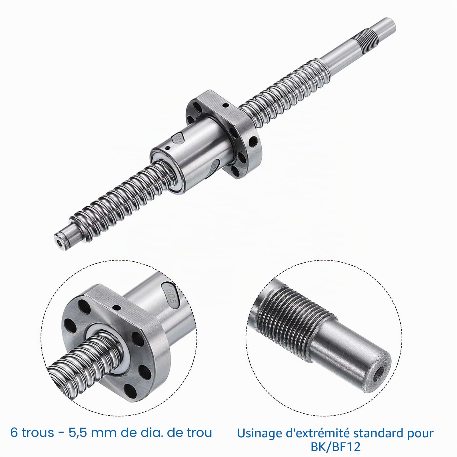 QUARKZMAN Vis à billes SFU1605 (Diamètre 16mm, Pas 5mm, Longueur 220mm) avec écrou de vis à billes Kit de vis à billes anti-jeu standard Usinage d'extrémité pour pièces de machine CNC