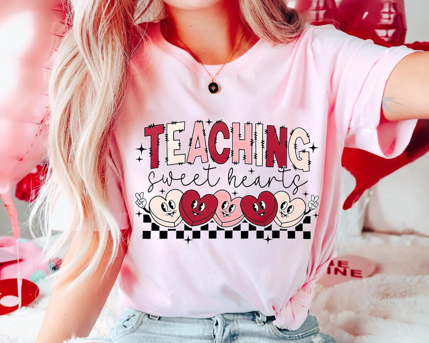 Teacher Valentines Shirt for Womens Teaching Sweethearts T-Shirt Short Sleeve Candy Heart Tee Tops - Image 2