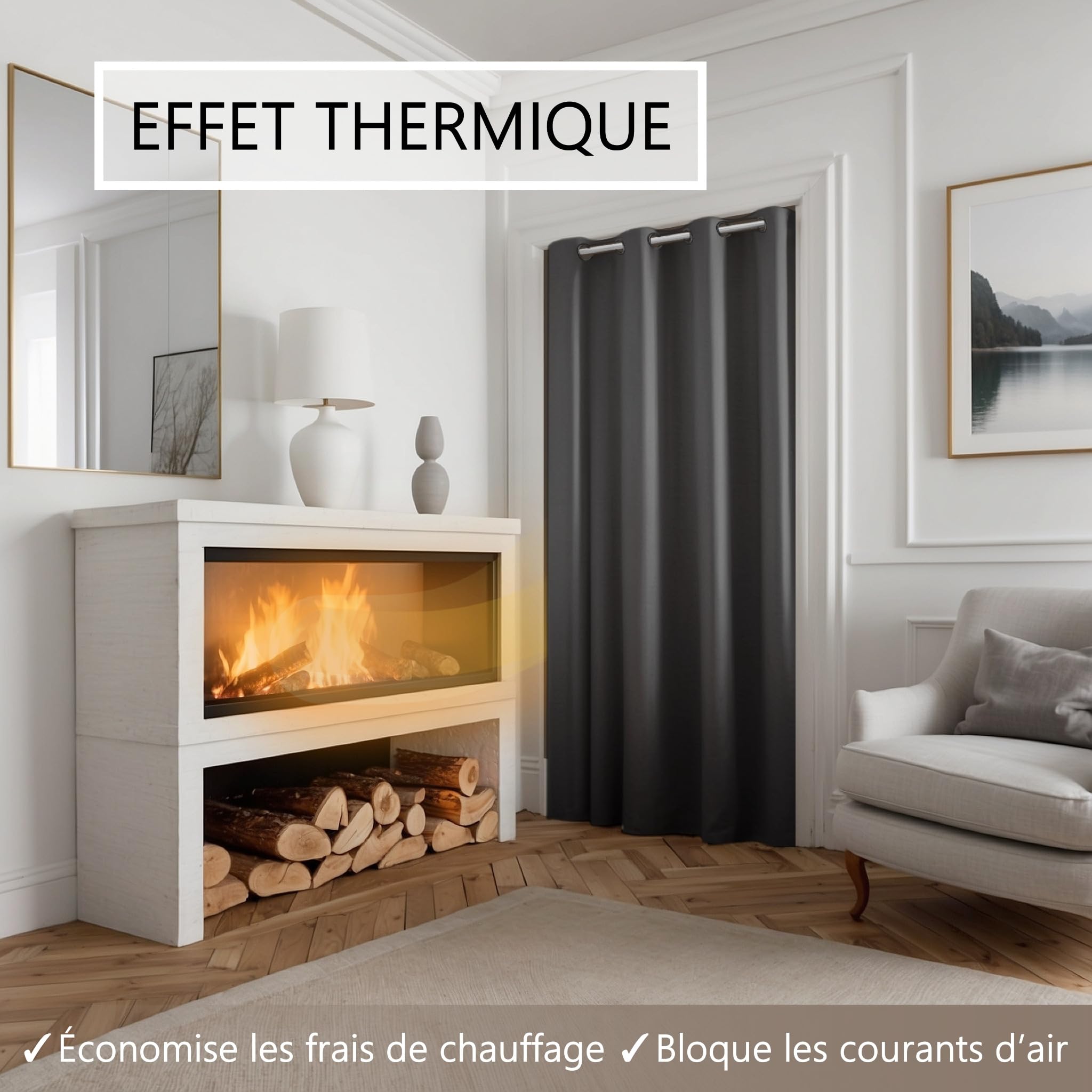 Rideau de porte avec tringle télescopique, montage facile en seulement 1 minute sans perçage (rideau de porte anthracite + barre de serrage blanche - Rideau 210 x 150 cm (H x l) + barre 70-120 cm