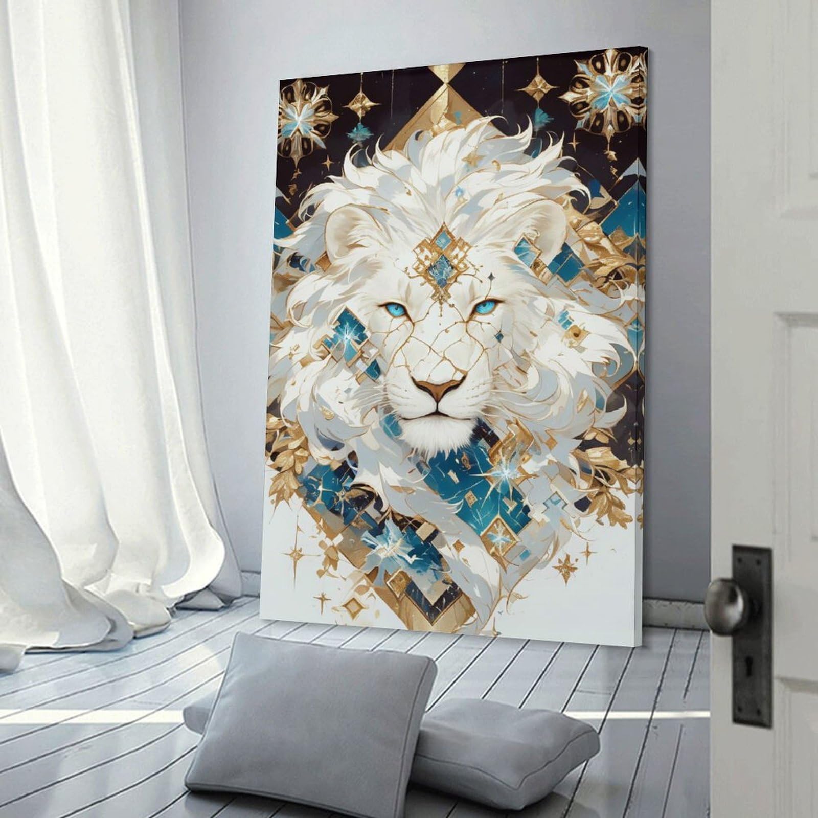 Junmoney Albino Lion with Geometric Ornamentation Canvas Wall Picture 08x12inch(20x30cm), for Entryway, Lounge Links Or Small Walls, Decorative Canvas Styling for Entry Areas