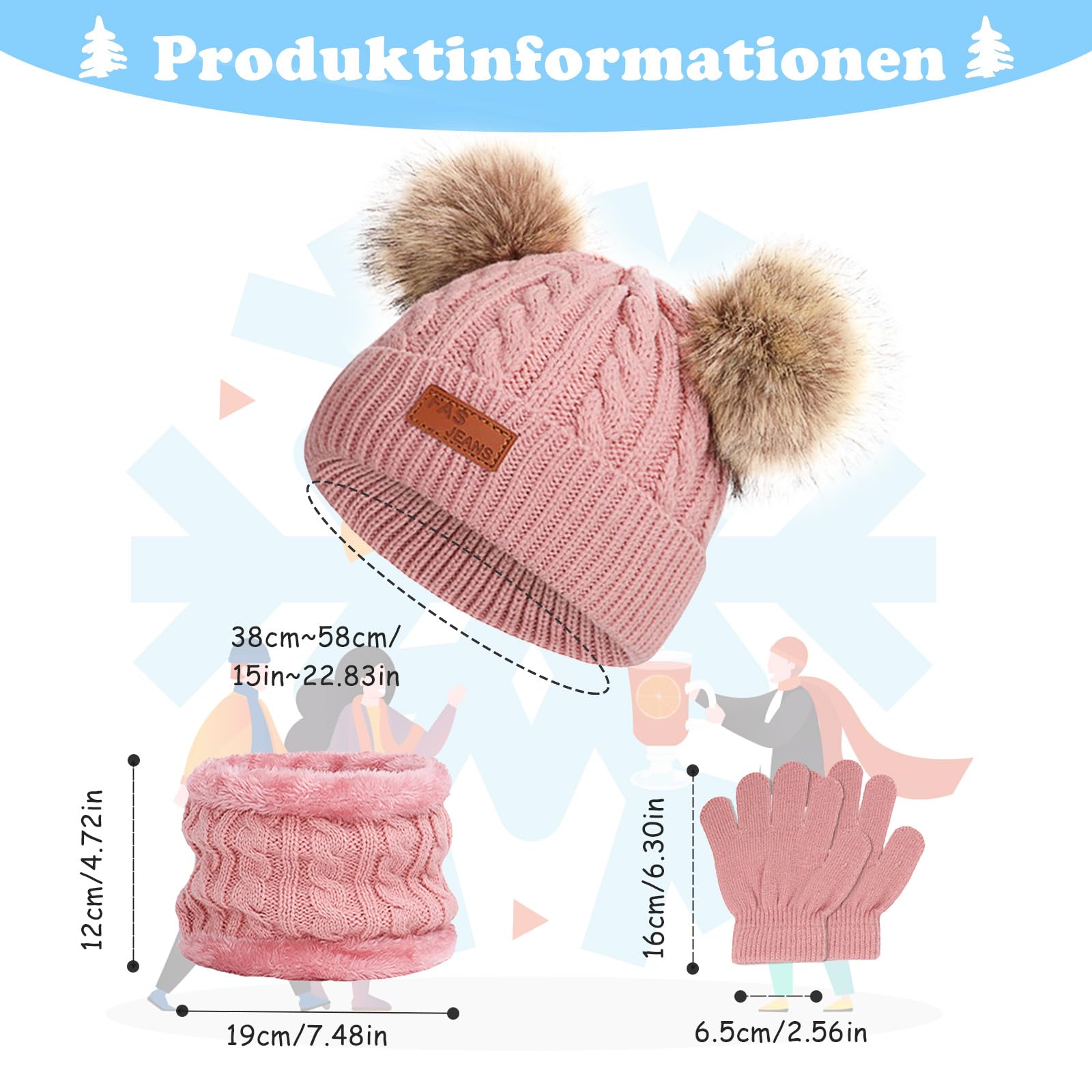 Grantop Dziecięca czapka zimowa, rękawiczki, szalik, zestaw z okrągłym szalikiem, zestaw czapek, szalik, podwójny pompon, ciepła czapka zimowa, czapka z dzianiny, zestaw dla dzieci w wieku 1-5 lat