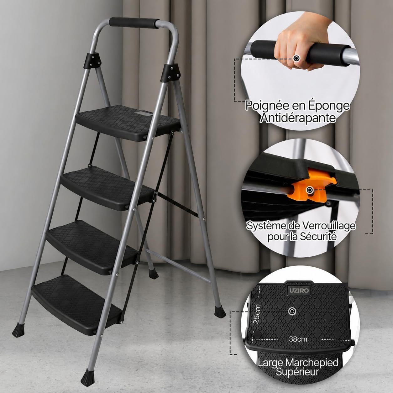 UZIRO Escabeau 4 Marches Pliable, Acier et Aluminium, Poignée Rembourrée