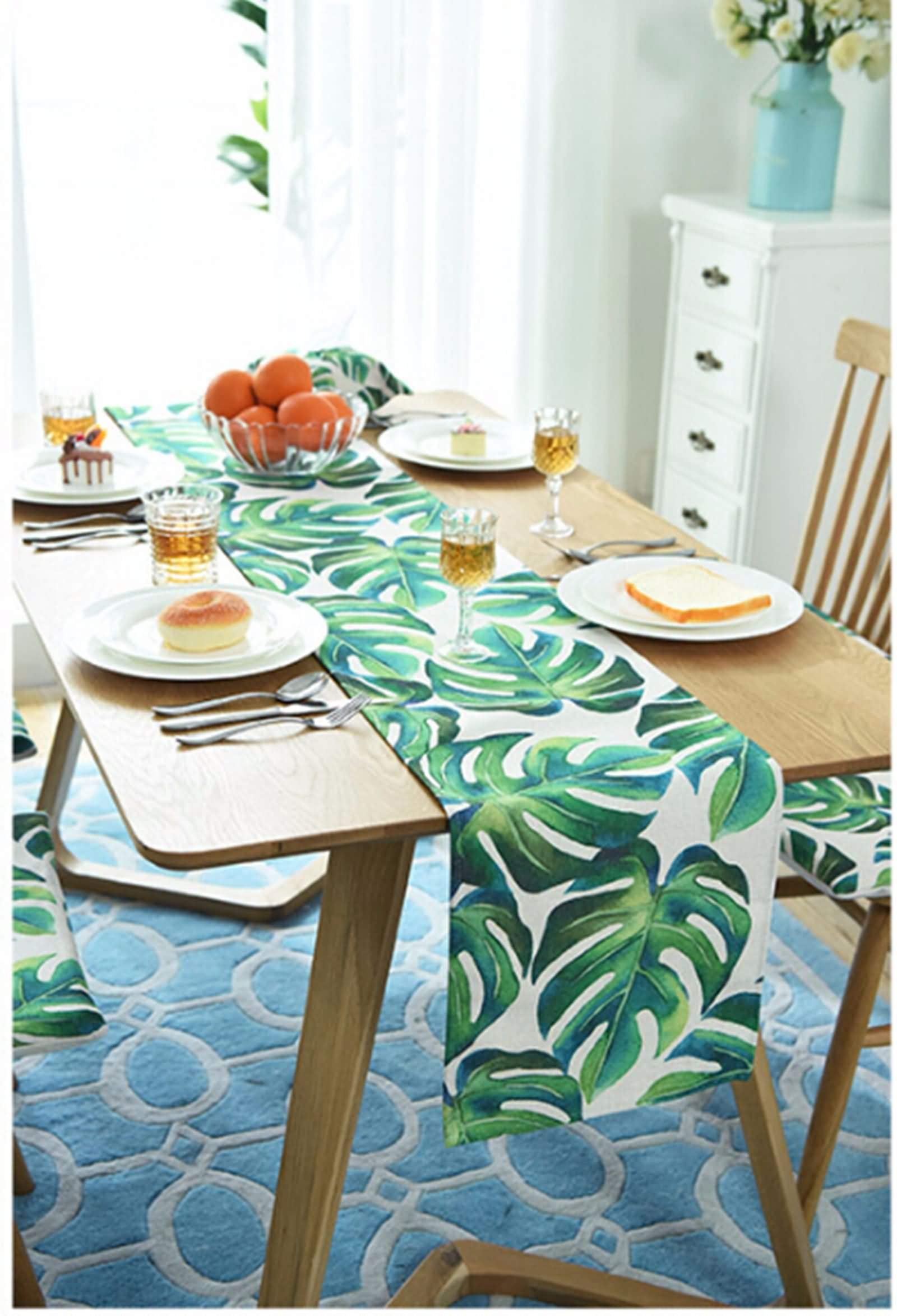 Runner Natalizio da Tavolo Quadrato, Runner da Tavola Moderno Verde Foglia Runner da Tavola Cotton 35x228CM