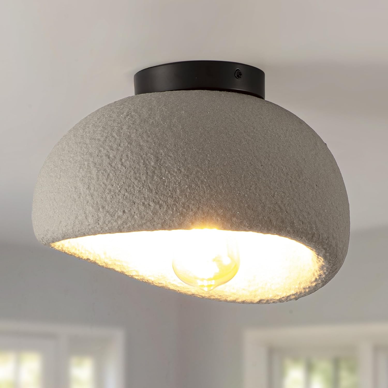 Art-Inspired Modern Ceiling Light, 11.8'' Stone-Textured Bird's Nest EVA Shade Flush Mount Light for Dining Room, Kitchen lsland, Ceiling Light fixtures for Living Room Entryway, Grey