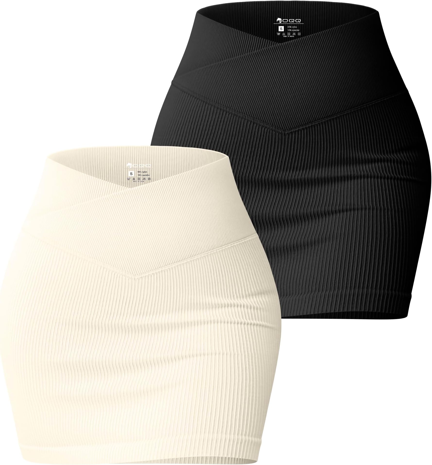 OQQ Women's 2 Piece Basic Casual Versatile Stretchy High Waist Cross Over Ribbed Mini Skirt, Black,beige, Small