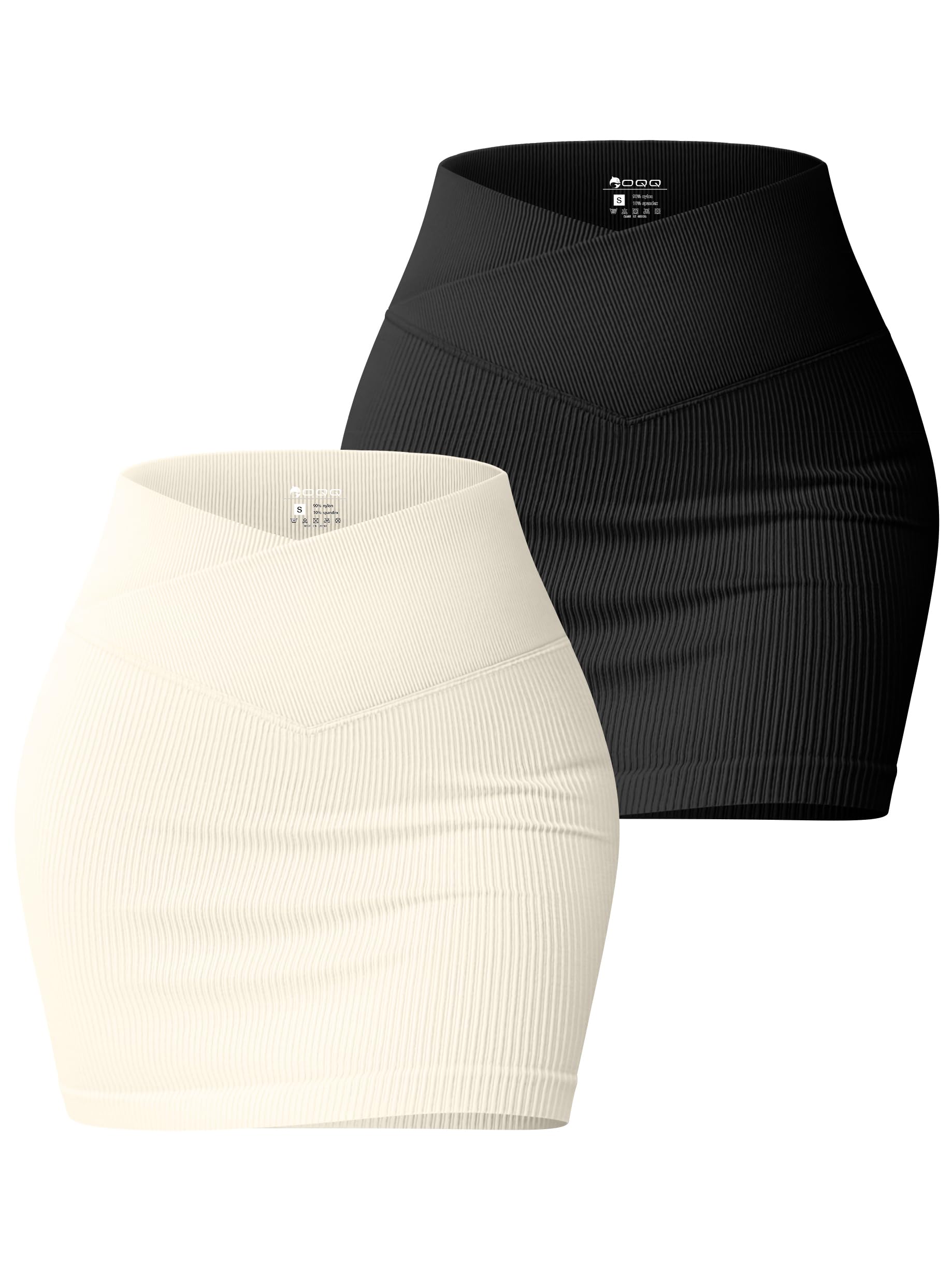 OQQ Women's 2 Piece Basic Casual Versatile Stretchy High Waist Cross Over Ribbed Mini Skirt, Black,beige, Small