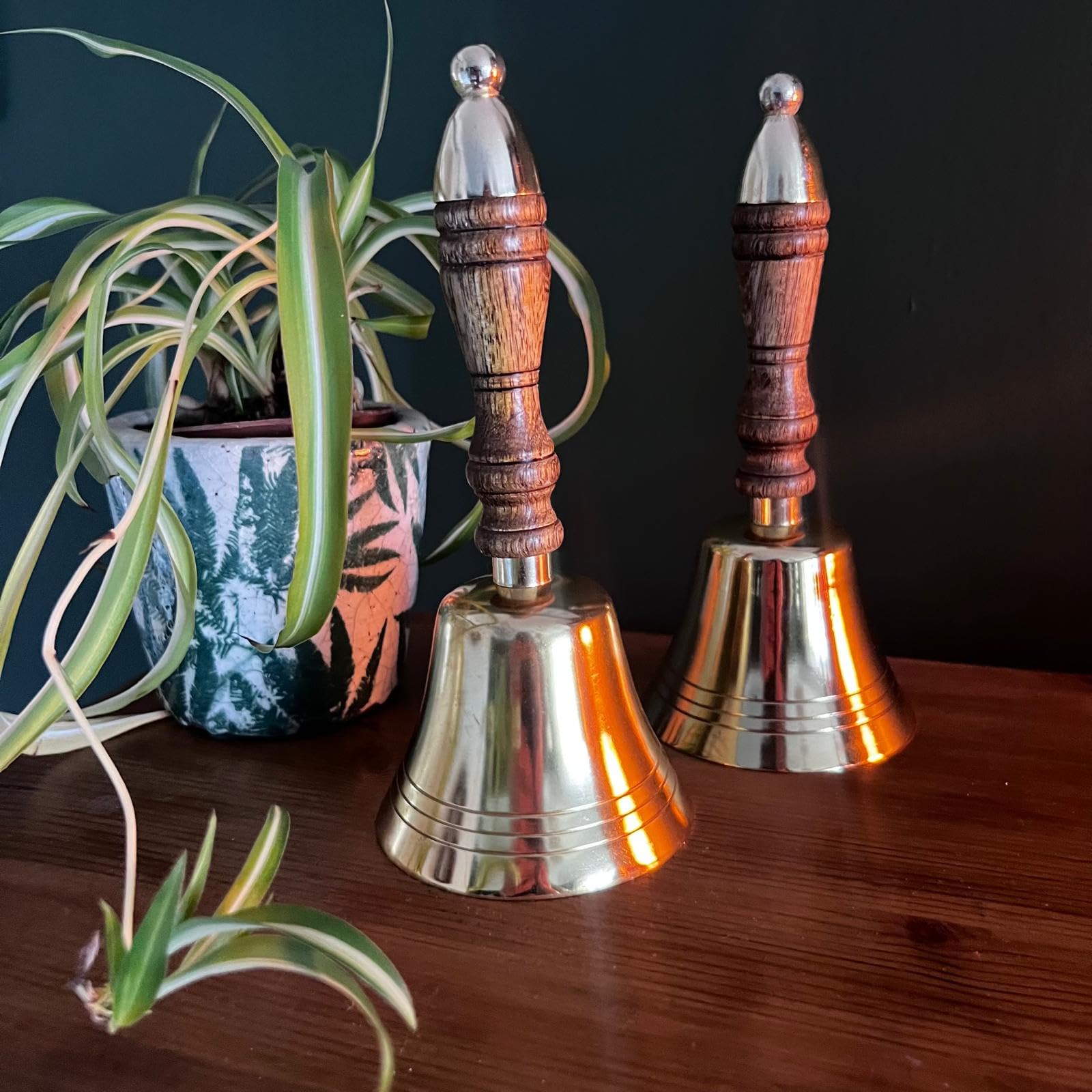 Set of Two Elegant 18cm Aluminium Library Hand Bell with Antique Brass Finish and Wooden Handle