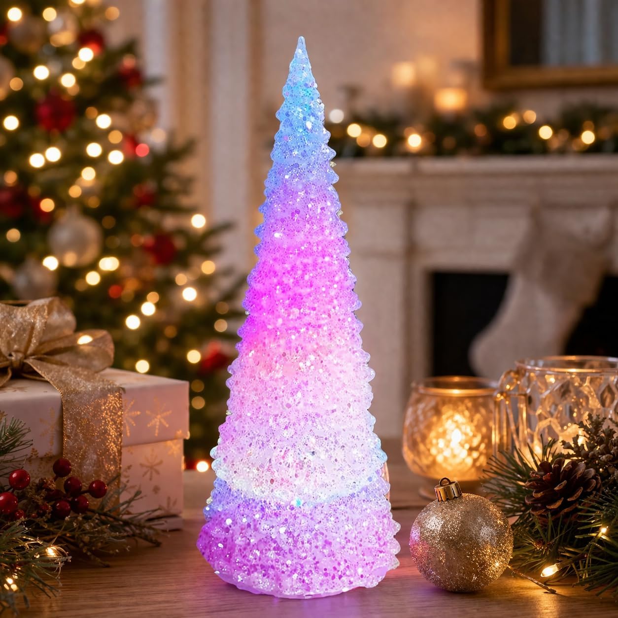 MOMENTS IN TIME Color Changing Acrylic Christmas Tree LED Light Up Tabletop Holiday Decoration, Battery Operated Crystal Effect Home Decor 10.5”