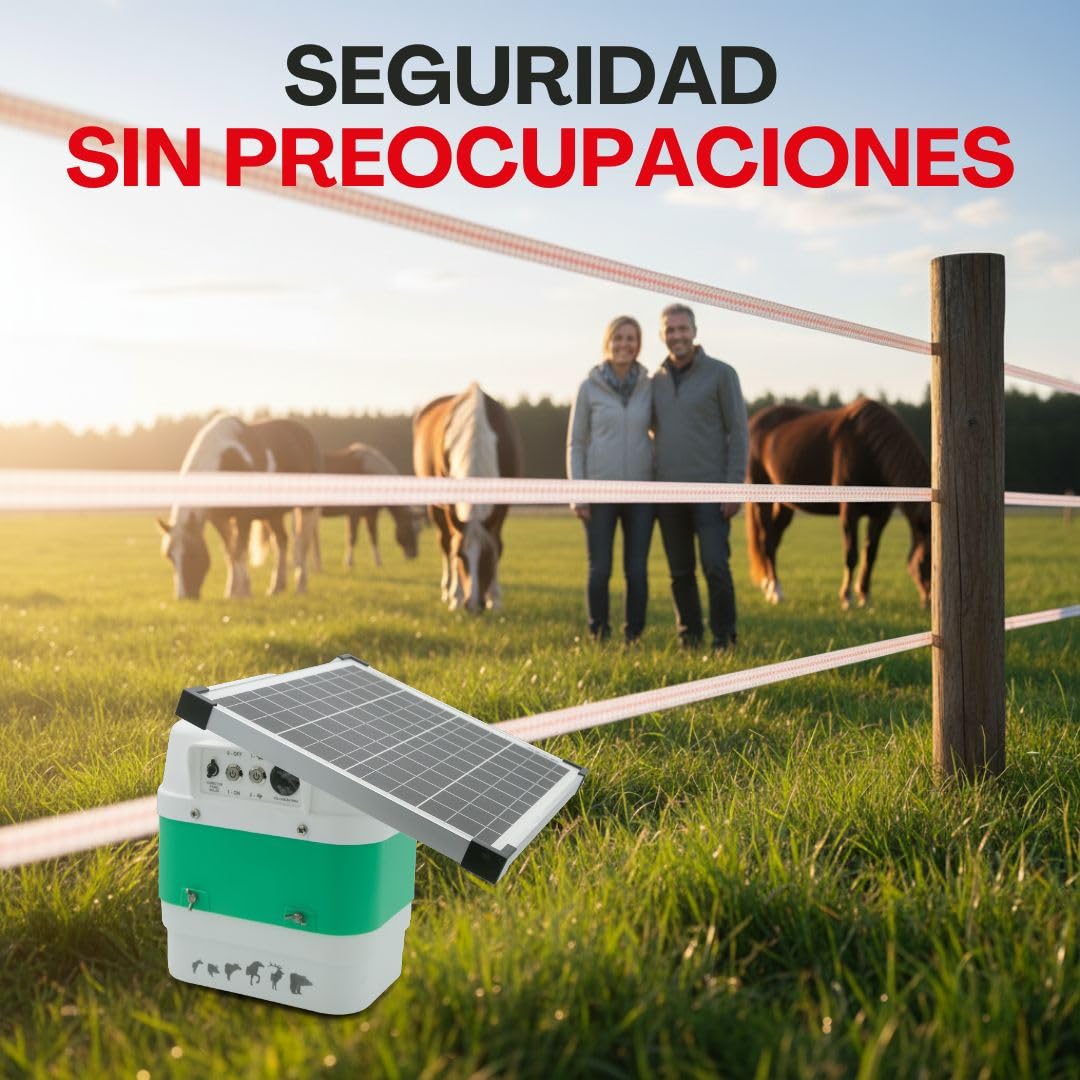 Pastor eléctrico solar Llampec Mod. B12S con panel 12V 20W incluido – 6,3 J, 10.000 V y 75 km de alcance – Ideal para ganado equino, vacuno, porcino, ovino y animales salvajes – Batería no incluída