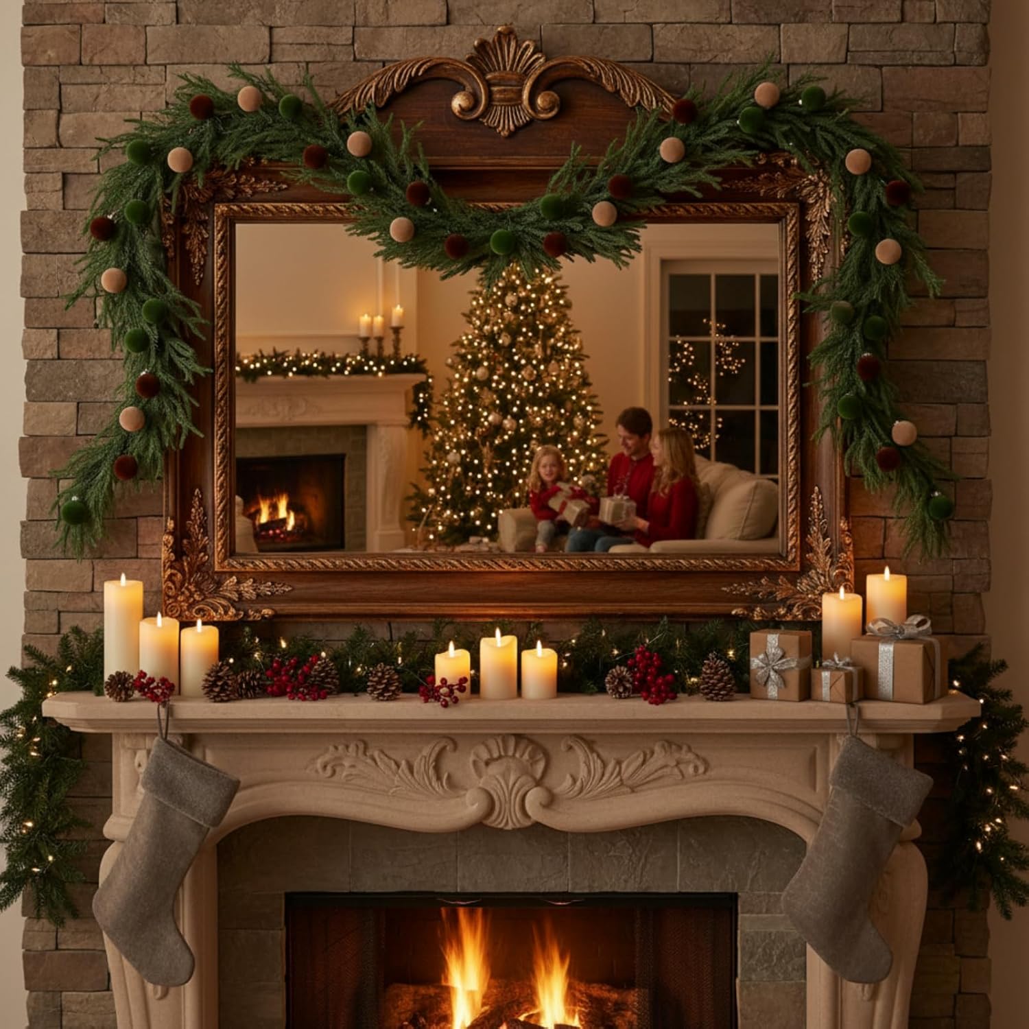 Sosation 5ft Christmas Mirror Garland with 12 Pcs Velvet Ball Artificial Norfolk Pine Cypress Garland for Mirror Christmas Decoration for Xmas Fireplace Mantle Indoor Decor - Image 3