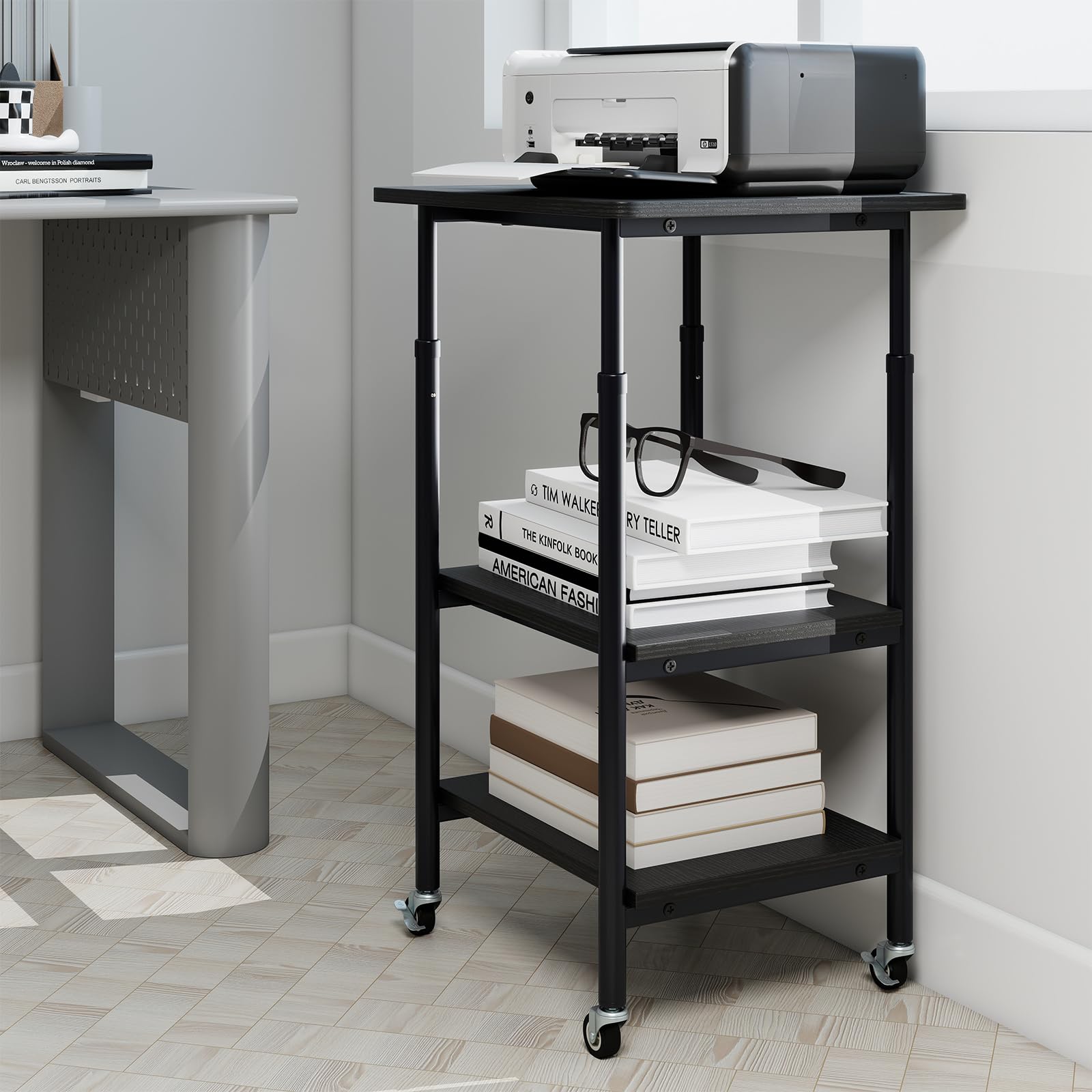 GIANTEX Soporte de Impresora con 4 Ruedas, Mesa de 3 Niveles, Tablero con Altura Ajustable, Estructura de Metal, 49 x 40 x 65-77 cm, Carrito Auxiliar para Oficina, Salón, Dormitorio (Negro)
