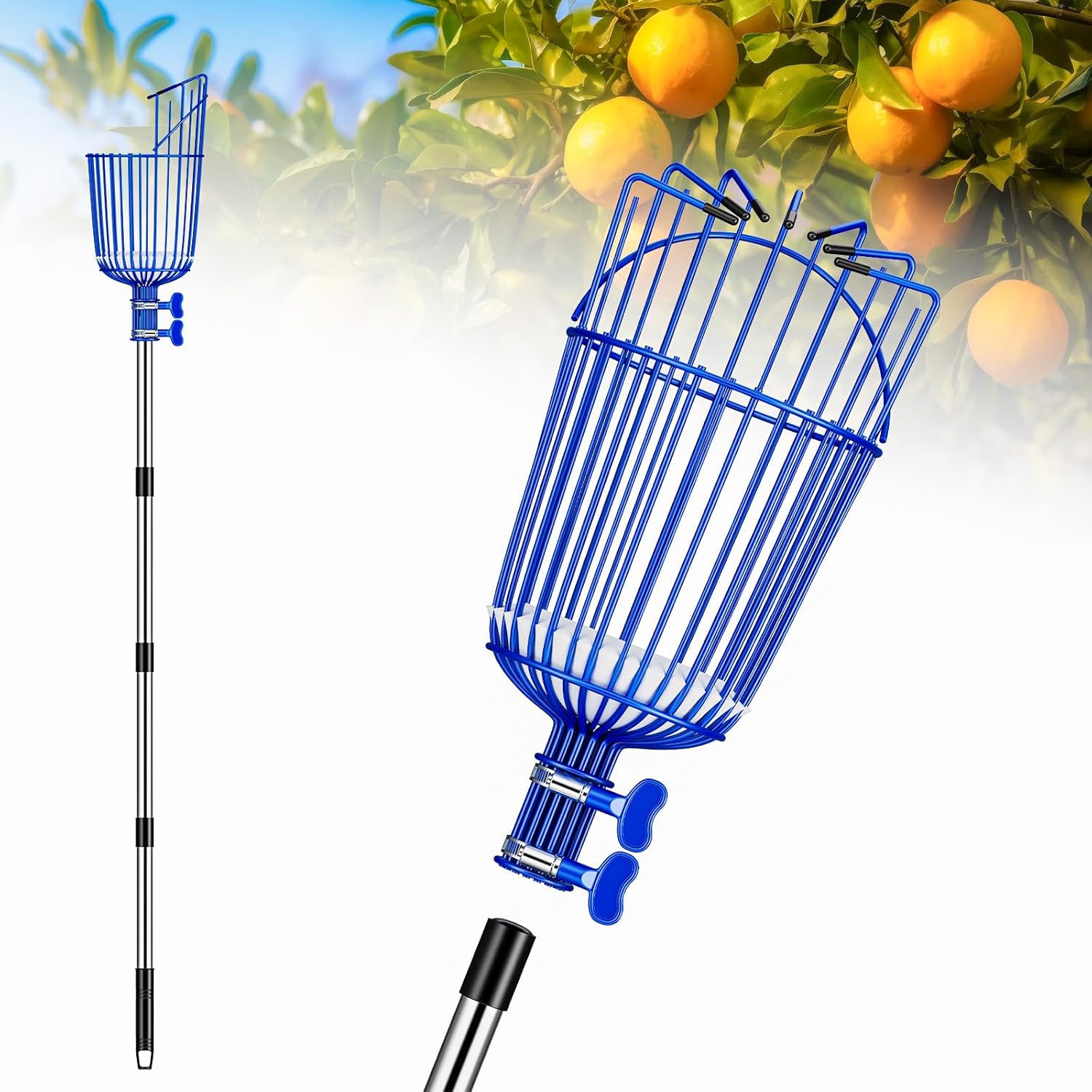 Fruit Picker Pole with Basket Segmented Fruit Picker Pole Tool for Apple Avocado Cherry Lemon Mango Orange Peach Picking(40-130") 40-130”