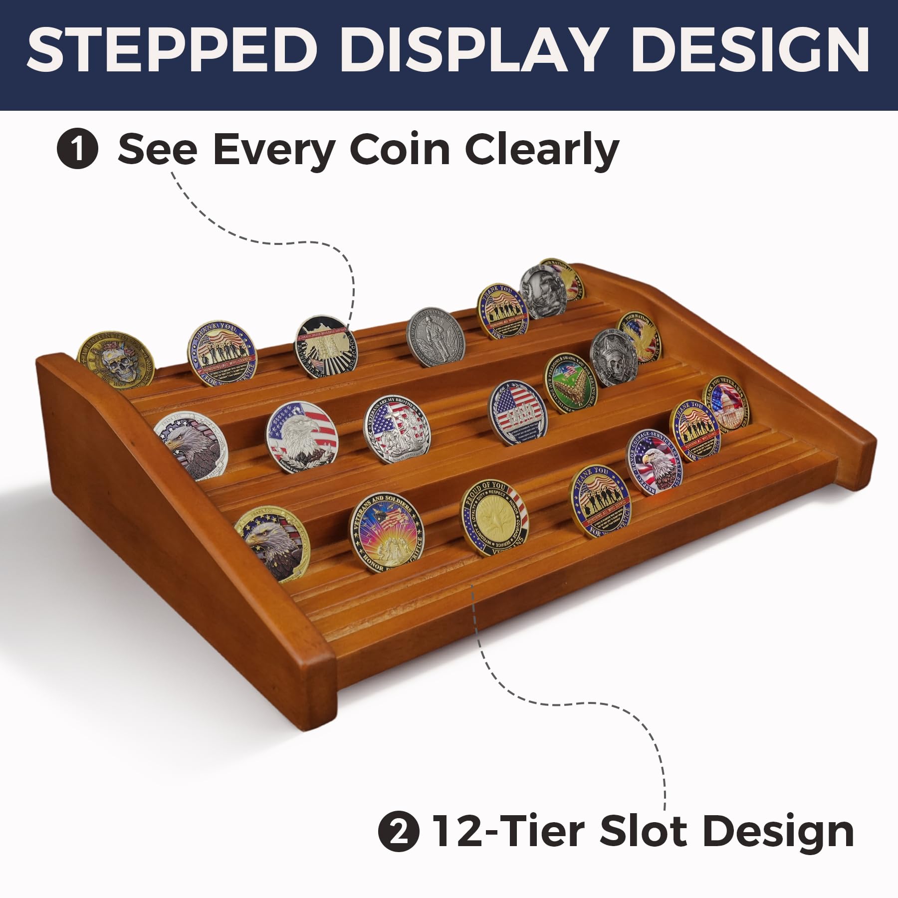 Military Challenge - Soporte para monedas (12 filas de madera, capacidad para 100 monedas, escalera de 3 niveles, soporte para monedas, soporte para coleccionistas (acabado nogal)