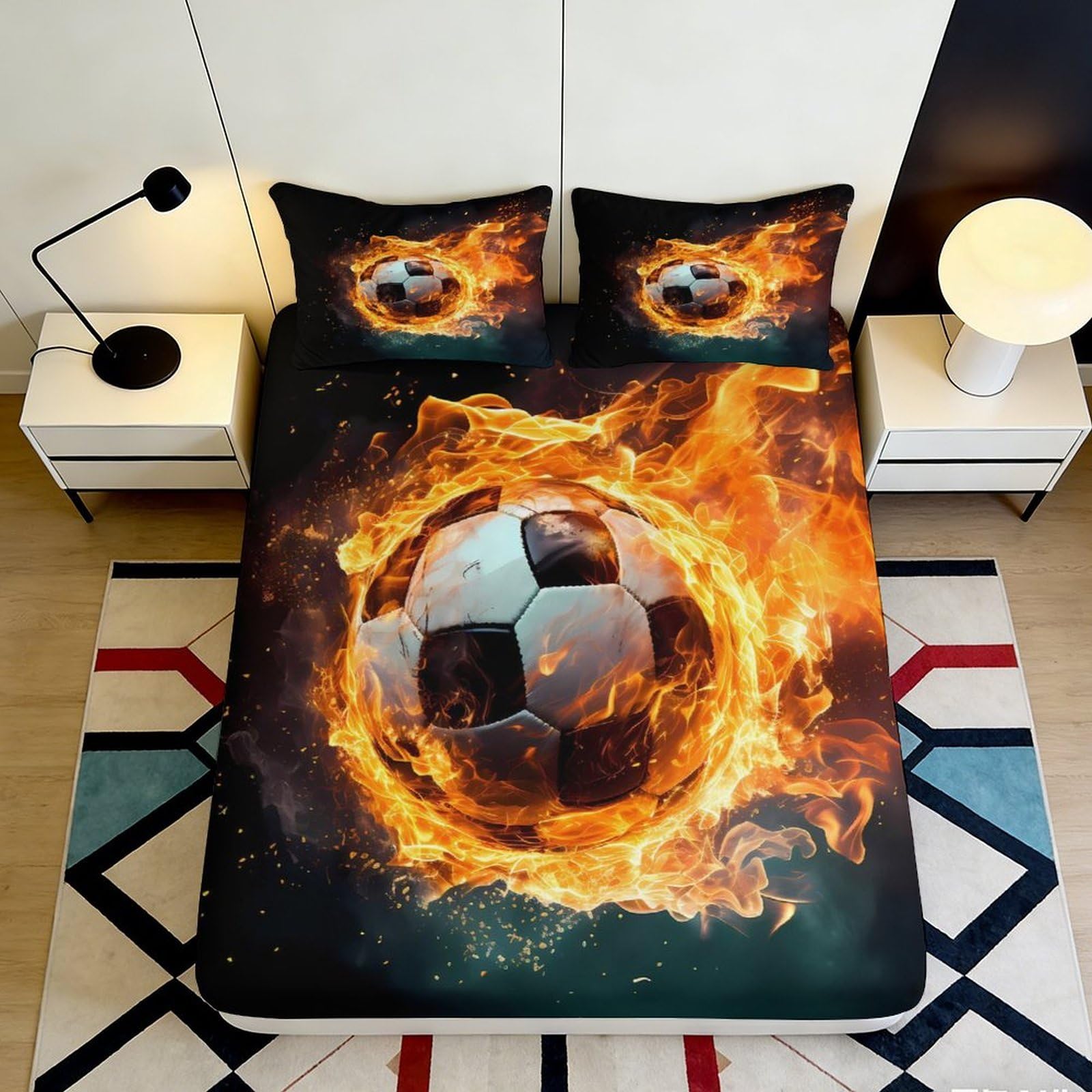 Jqzkxnhpbr Style-5 3D Printed Fire Soccer Ball Fitted Sheet Microfiber Soft Breathable Flame Pattern Bed Cover For Bedroom Dorm Mattress Protection 90X200x25cm