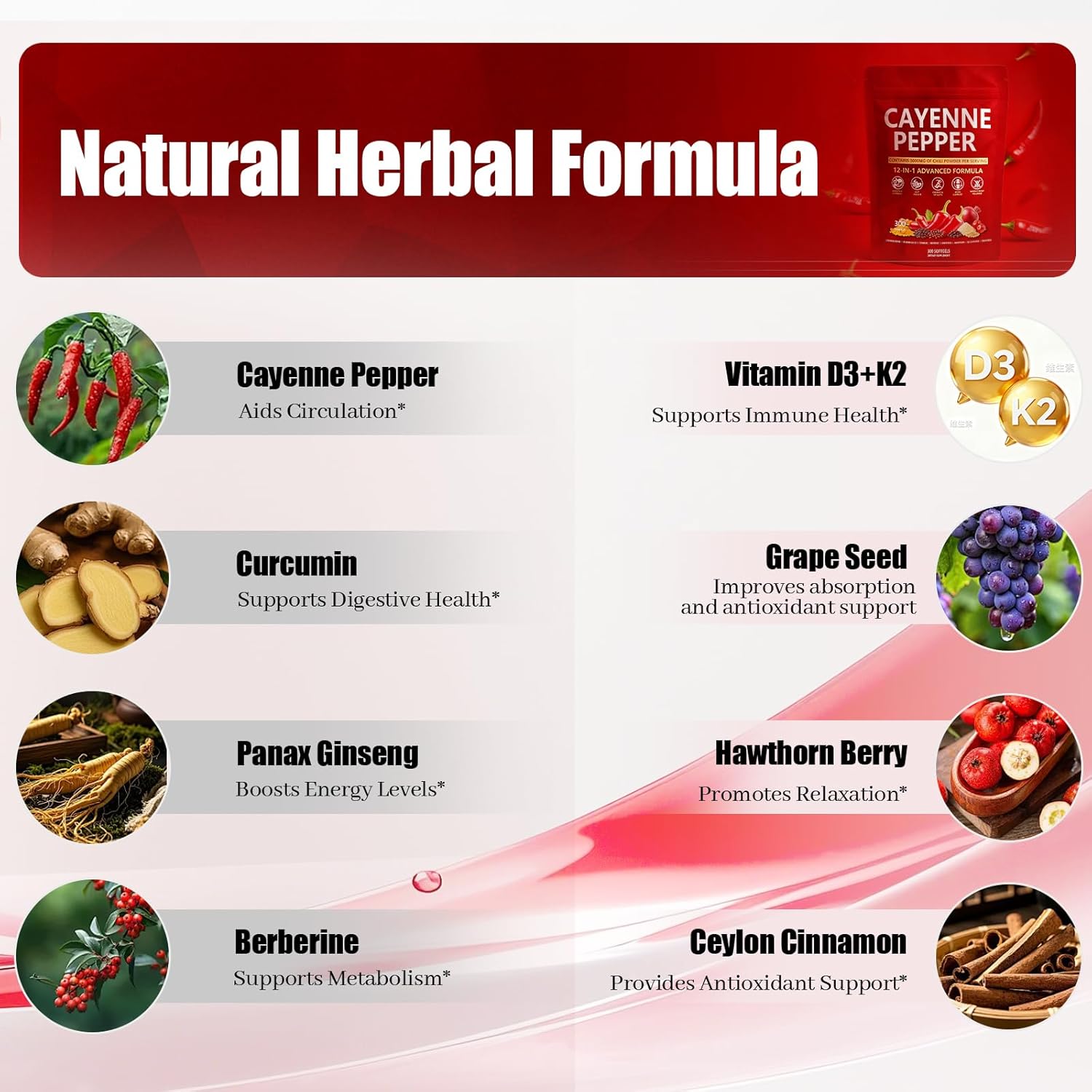 Cayenne Pepper Softgels, 300 Softgels Cayenne Pepper Capsules Supplement with Vitamin D3+K2, Turmeric, Hawthorn, Grape Seed, Supports Digestive Health & Gut Health (1 Pack) - Image 3