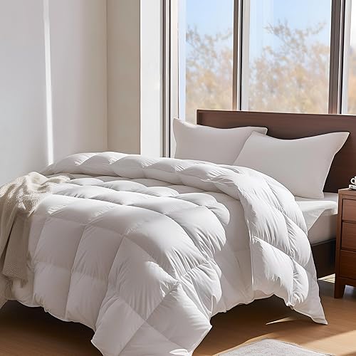 Edredón de plumas ligero para todas las estaciones, tamaño individual, edredón de cama de hotel con funda 100% algodón, edredón blanco suave