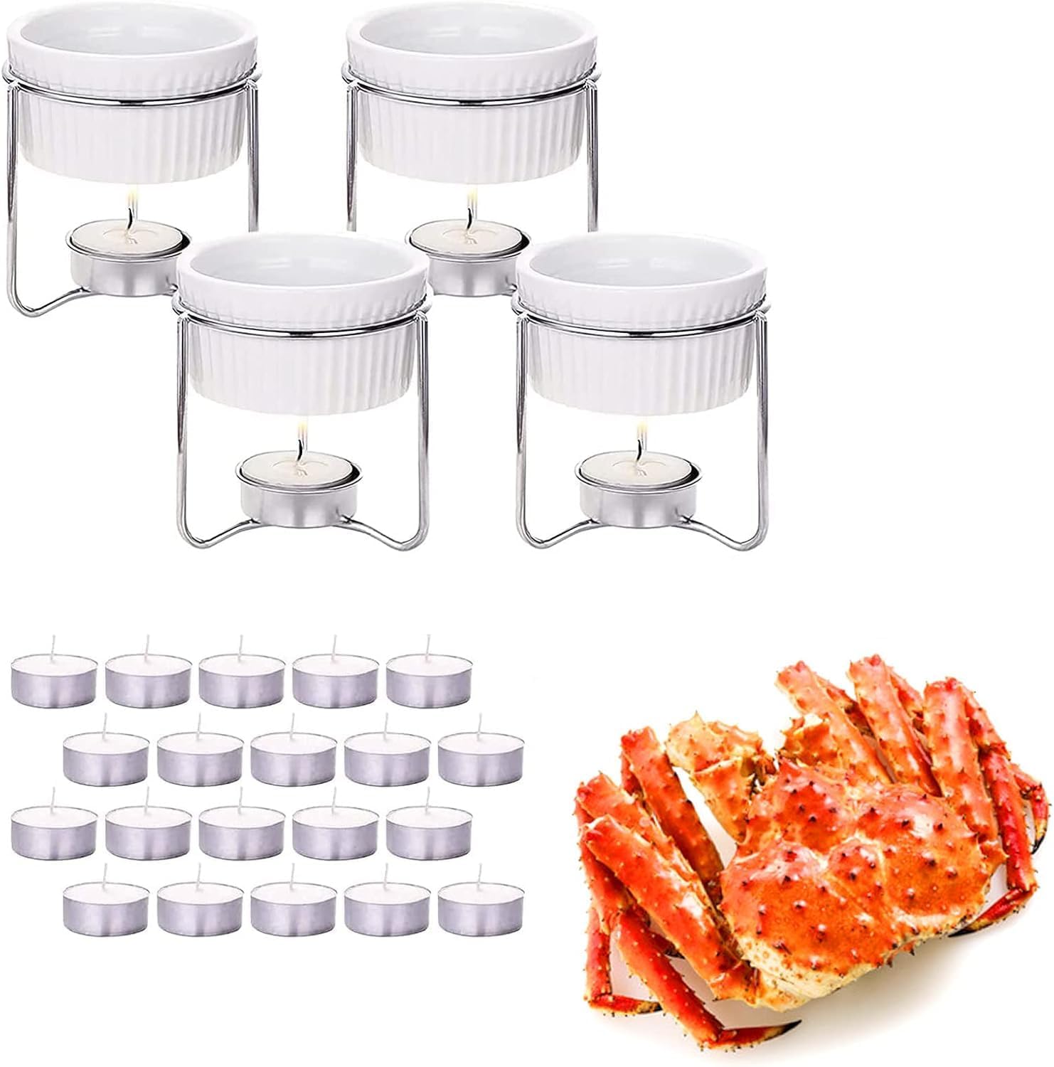 Luvan 4-Piece Ceramic Butter Warmers for Seafood, Chocolate & Cheese | 20 Tealight Candles | Oven, Microwave, Dishwasher Safe