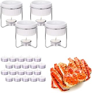 Luvan 4-Piece Ceramic Butter Warmers for Seafood with 20 Tealight Candles - Oven, Microwave, Dishwasher Safe Ramekins
