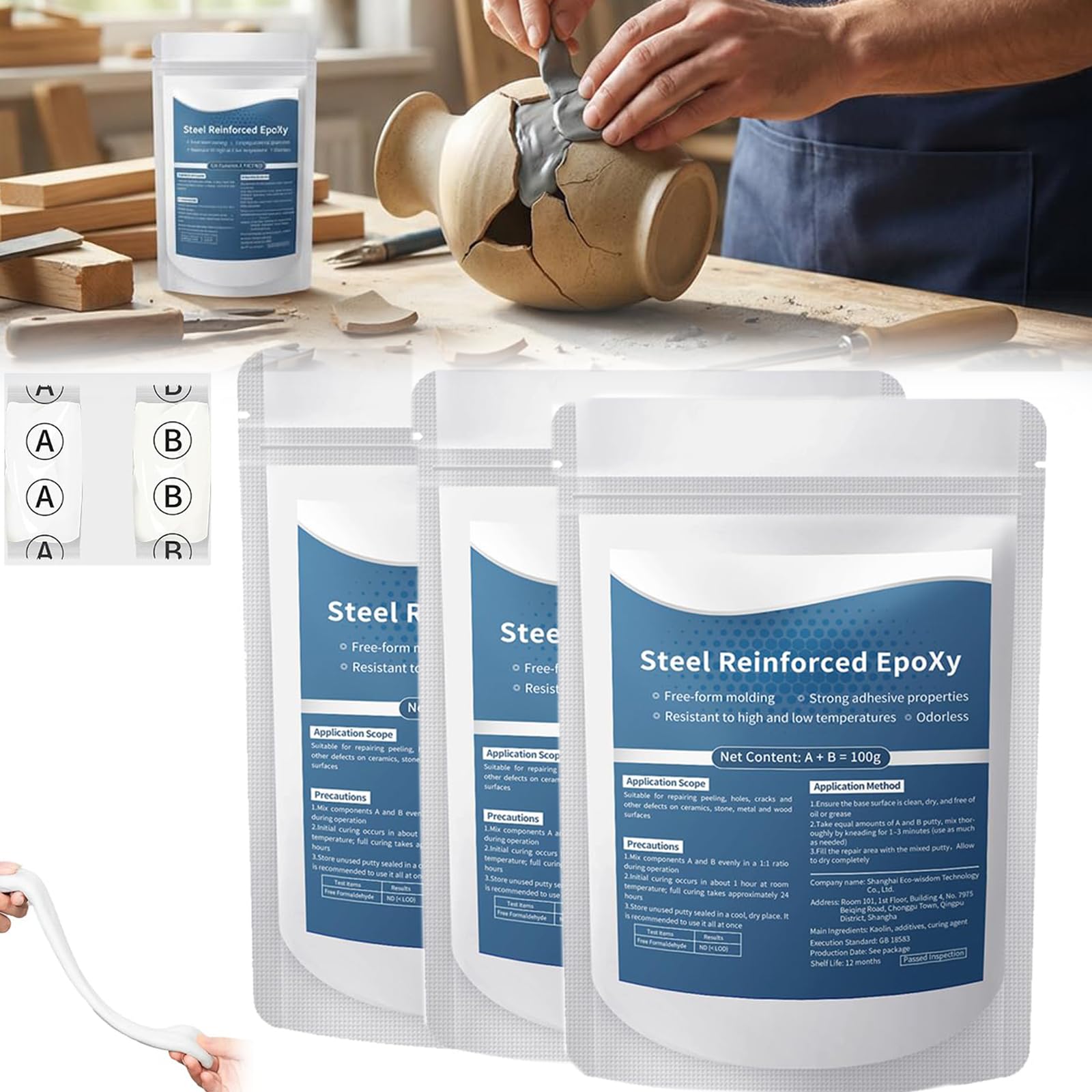 High-Strength Multi-purpose Repair Clay, Steel Reinforced Epoxy Putty, Epoxy Putty Fast Repair Clay, 2-Part Repairs Filler Putty for Metal Wood Ceramic Stone Tile and Plastic (3 Pcs)