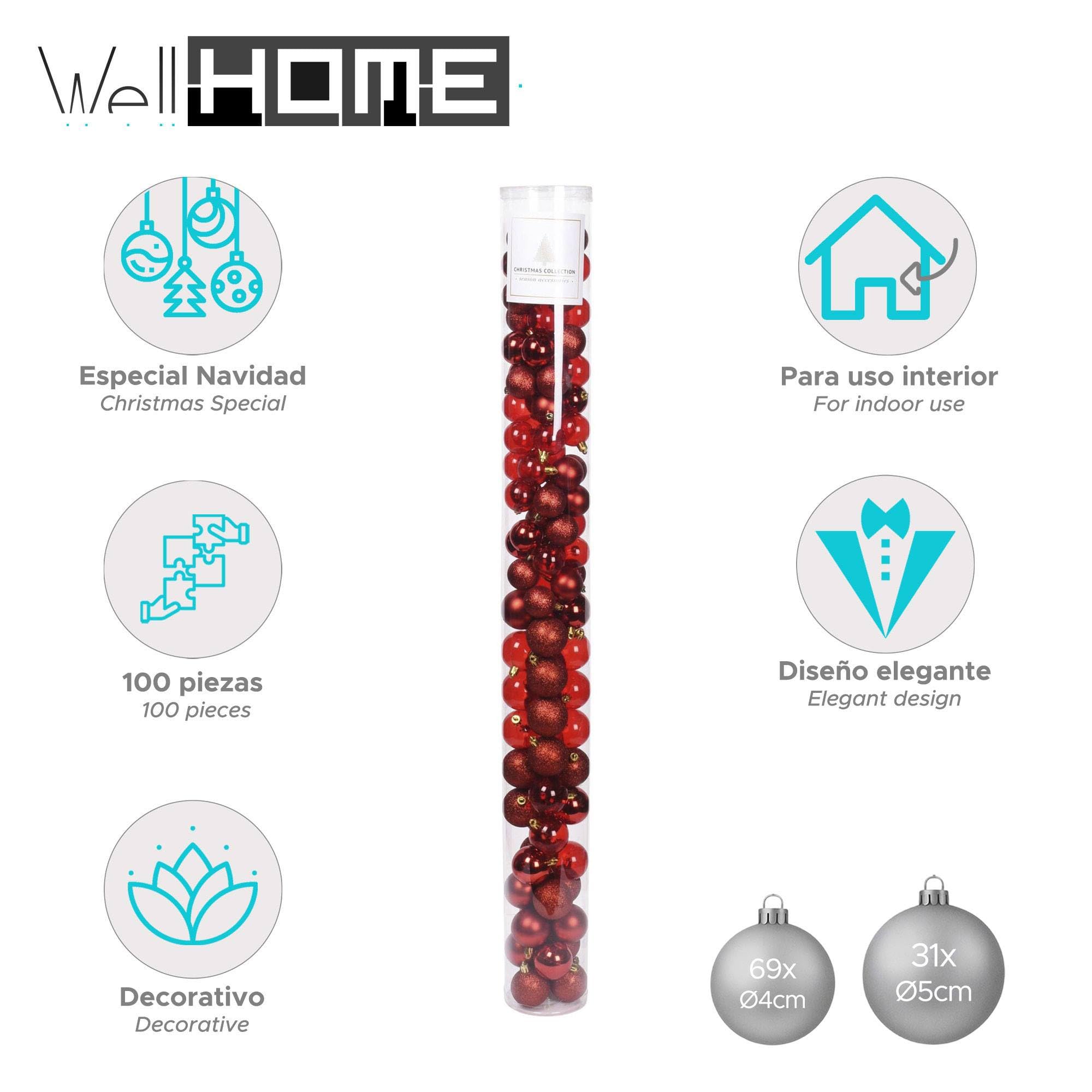 Well Home Lot de 100 Boules de Noël Rouges en Tube de différentes Finitions et Tailles