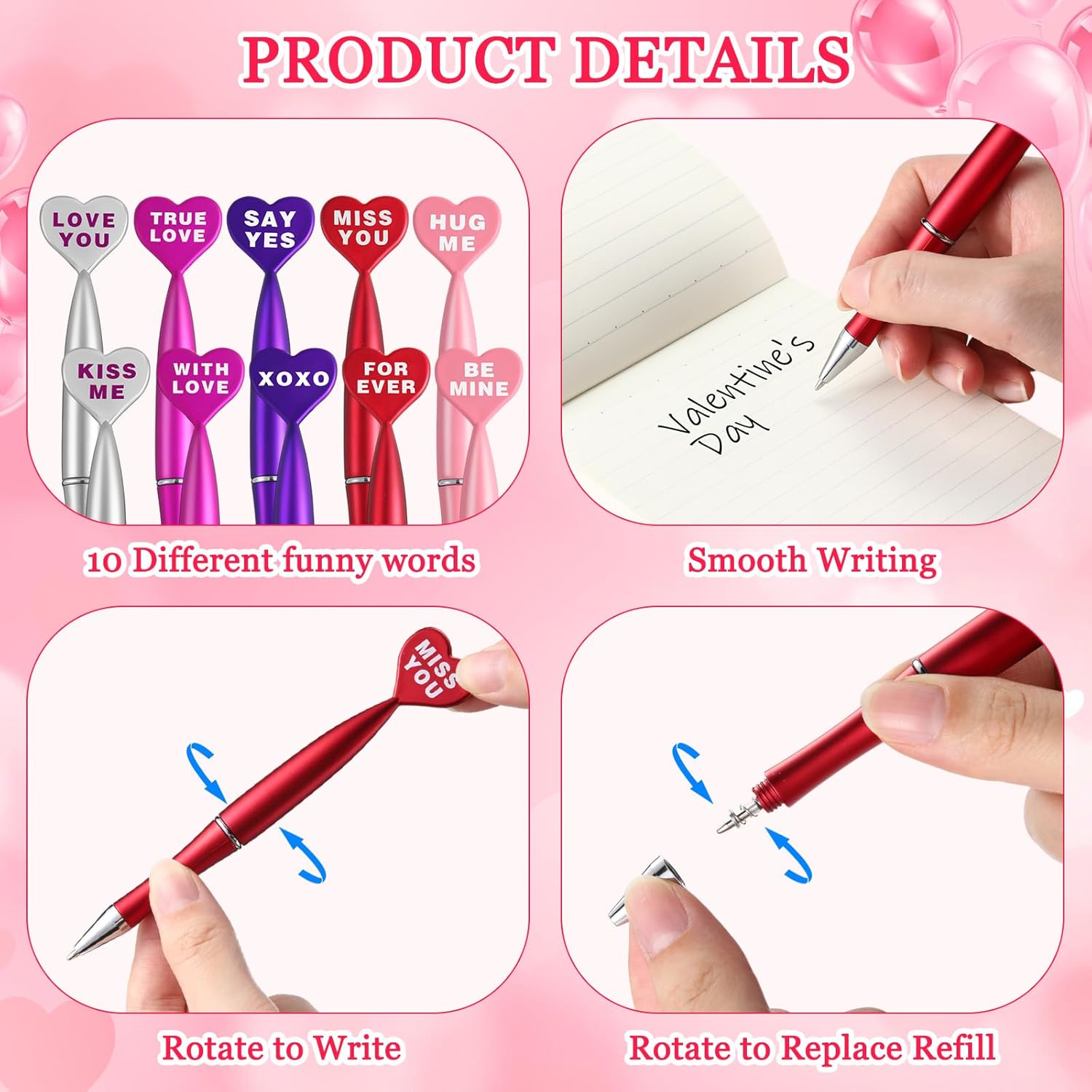 Yahenda 100 Pcs Valentines Day Pens Bulk Heart Shaped Pens Multicolor Heart Ballpoint Writing Tools Black Ink 1.0 mm Gifts for Valentines Office School Party Favor Supplies(5 Color,Word)