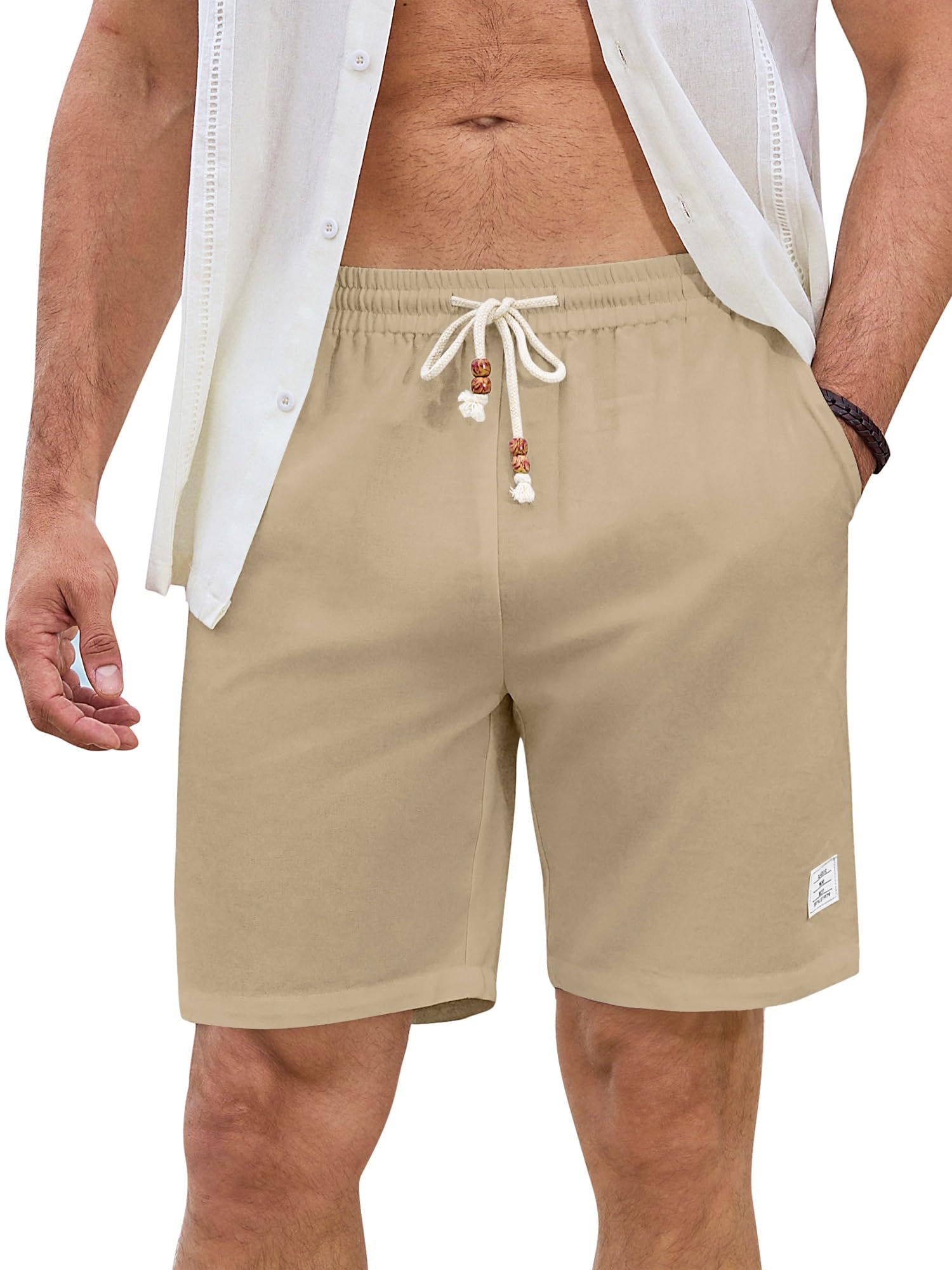 JMIERR Mens Shorts Linen Cotton 7" Casual Elastic Waist Drawstring Lightweight Summer Beach Shorts with Pockets