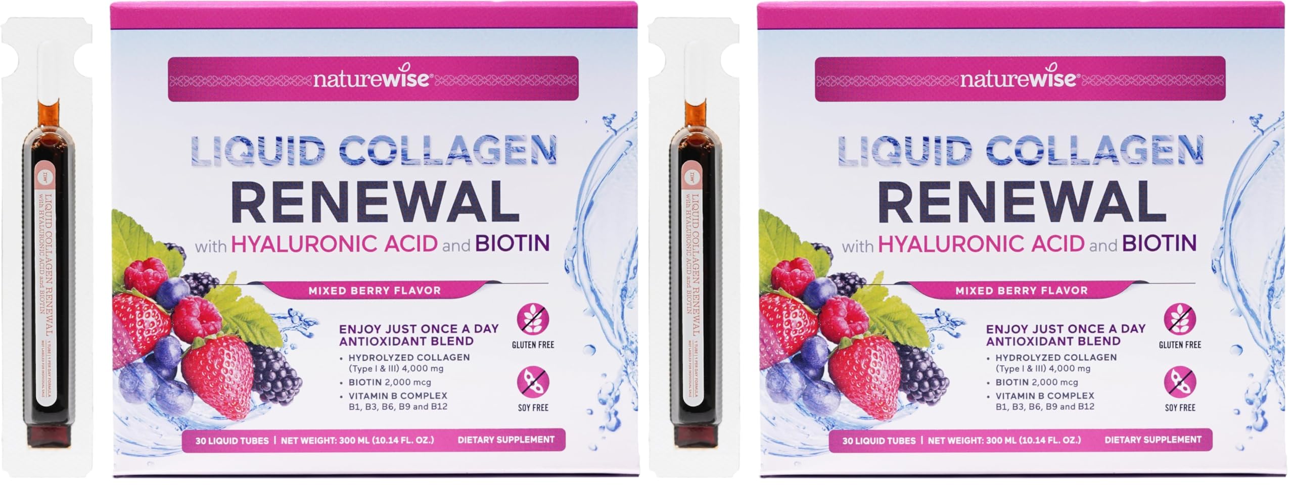 NatureWise Hydrolyzed Liquid Collagen for Women & Men 4000mg-High Absorption, Type 1&3 Peptides with Biotin + Vitamin C + B Complex & Hyaluronic Acid -Mixed Berry - 30 Tubes[30 Day Supply](Pack of 2) Mixed Berry 30 Tubes (10.15 Fl Oz) (Pack of 2)