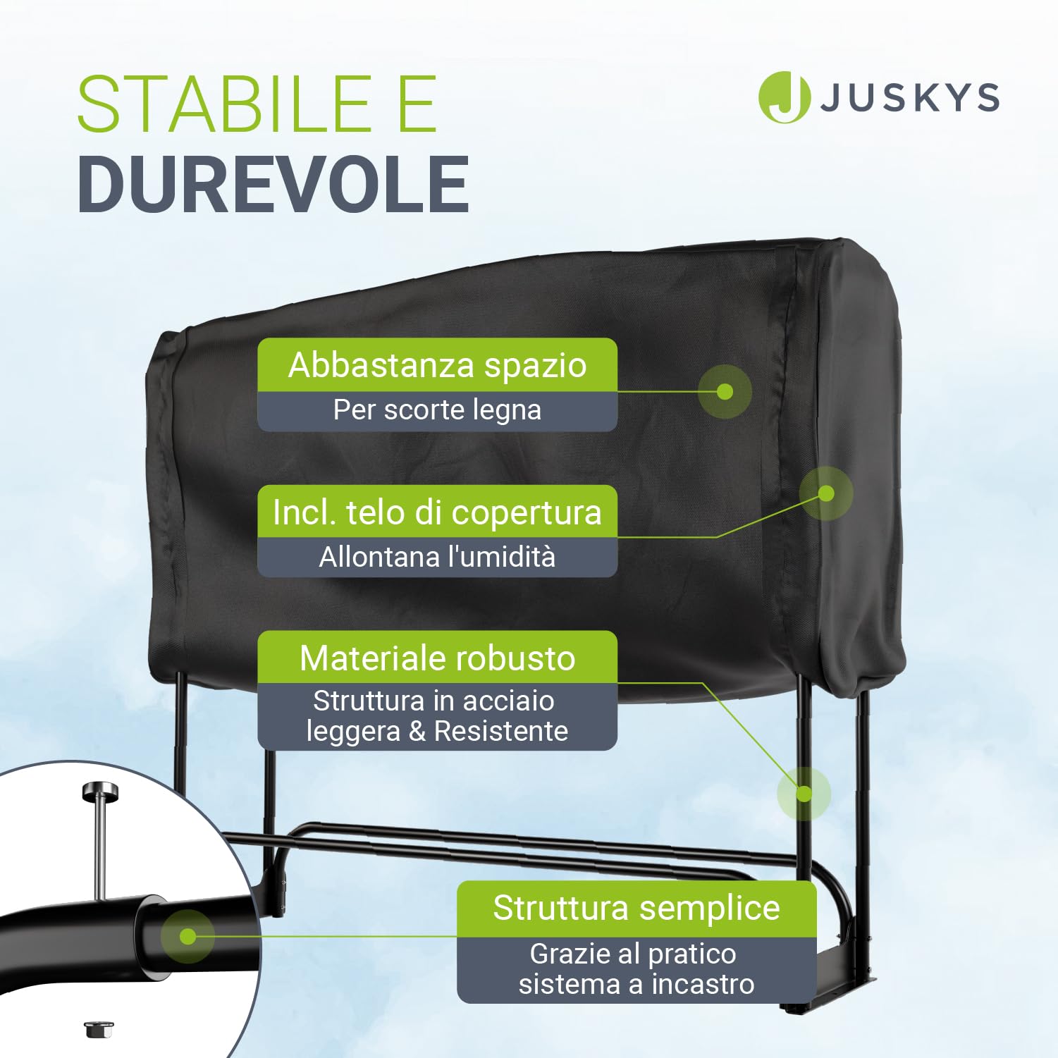 Juskys portalegna M 130x117x36 cm – nero, struttura in acciaio con telo Oxford, porta legna per esterno & terrazzo, portata 200 kg
