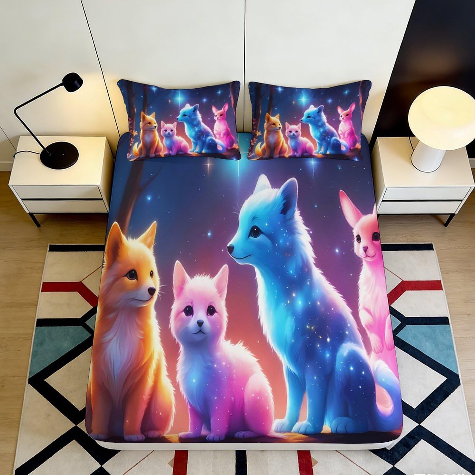 3D Printed Fantasy Fox Animal Fitted Sheet Microfiber Soft Slip-Resistant Colorful Cartoon Mattress Cover for Bedroom Dorm Decor 120x200x25cm